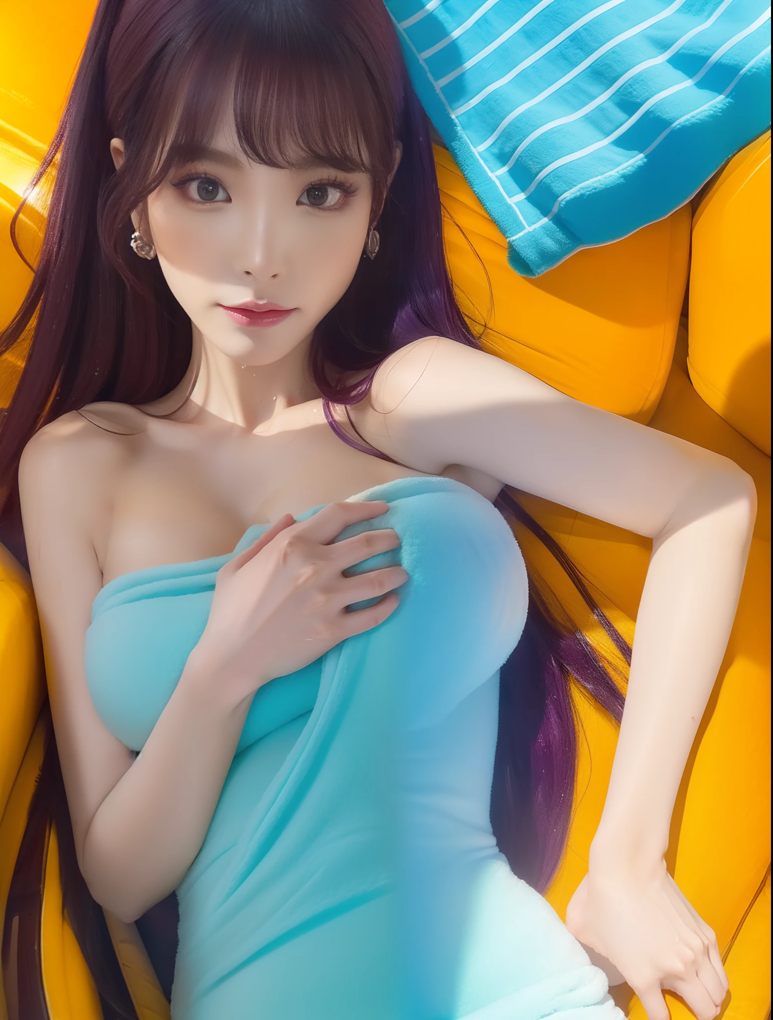 (8k, RAW photos, top quality, masterpiece: 1.2), (realistic, photorealistic: 1.37), (High Quality), (Ultra realistic), (High Details), (Face detail), (Shadow Detail), ((Gigantic huge breasts: 1.5)), (wide hips), ((big butt)), slender abs, slim belly, 1 girl, purple hair, long hair, red earrings, soft make-up, eyeshadow, eyeliner, red lips, ((white towels)), ((wet body)), sexy face, sexy expression, lay on the sofa