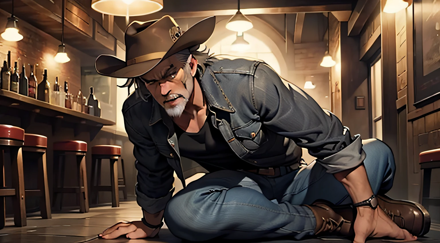(4K, Best picture quality, A high resolution:1.1), (Masterpiece:1.1)Thin and thin,Short again,denim pant, Cowboy hat, , Gray hair,geezer, A villain,in a pub,Struggling on the ground,Eyes wide,Very wide open mouth
