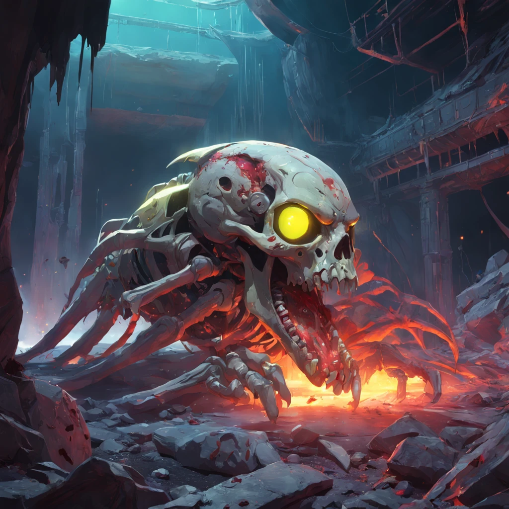 zombie_vector, A illustration, digital painting, concept art, injured alien, pirates spaceship, earth, (blood) ,stone bone exposed at abandon area, scary mode, yellow eyes glowing, fantasy, hyperrealistic, artstation, expansive, sci-fi, insanely complex, detailed, colorgrading, neon, 8k, HD, highly detailed, volumetric lighting, hard shadows, cinematic lighting, glowing light
