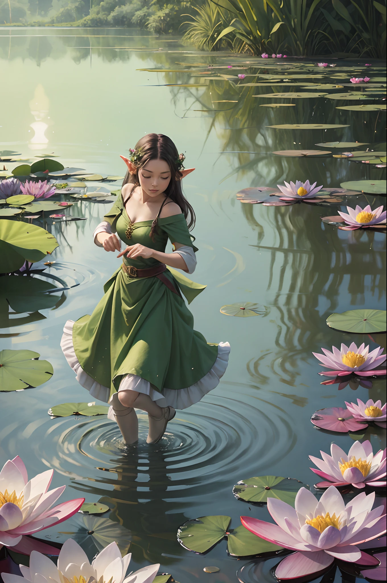 elves dancing on water lilies, Moonlight, jungle --auto --s2