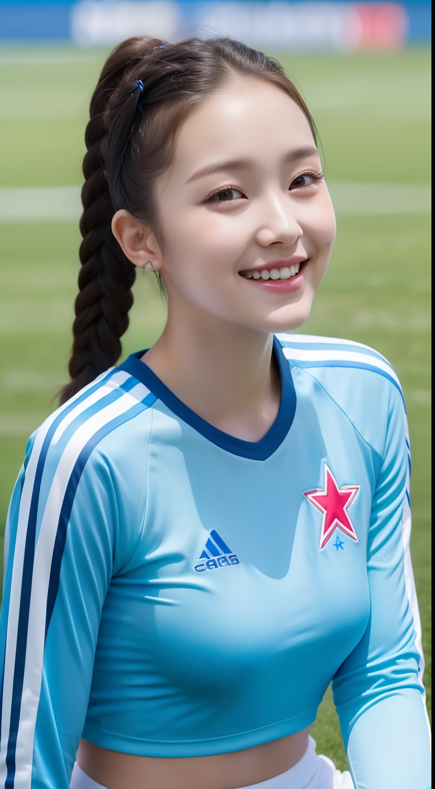 realistic photos of 1 cute Korean star, cornrows, white skin, thin makeup, 32 inch breasts size, slightly smile, wearing blue long sleeves crop top, sitting at football ground, close-up, UHD