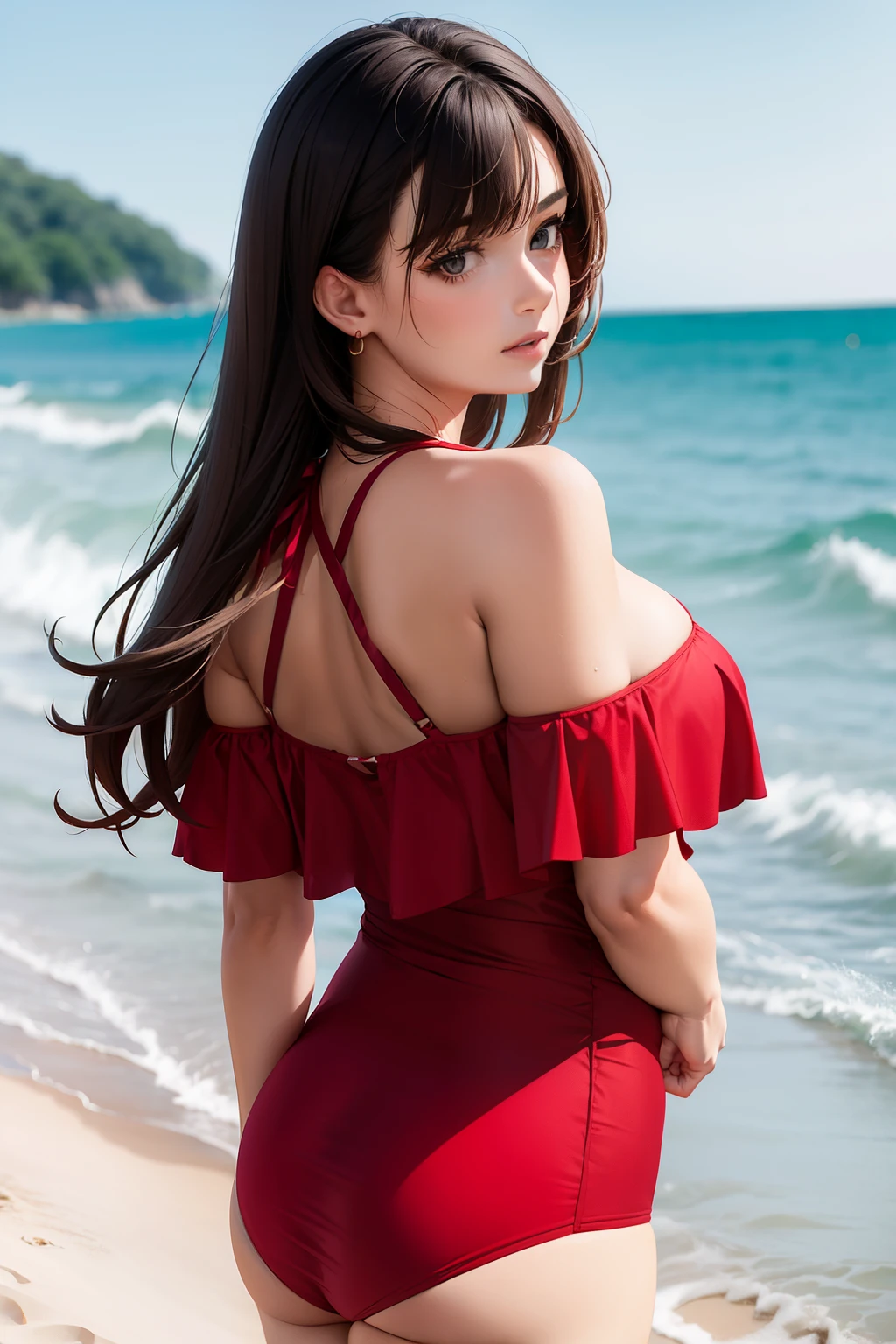 1.Best quality ,Masterpiece, illustration, An extremely delicate and beautiful, Extremely detailed,Best quality, offcial art, Extremely detailed Cg Unity 8K wallpaper, absurderes, hugefilesize , Ultra-detailed, A high resolution ,1girll,Beach photography by the sea,the sea,sandbeach,Positive focus。full bodyesbian;1.5,Twist braids,Lingerie with a slinger,short red dress
