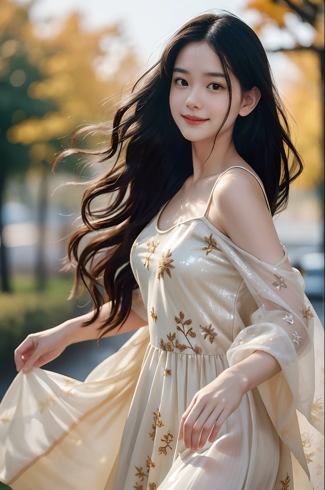 film portrait photography, 1girl, wavy shoulder-length hair (realistic detailed eyes, natural skin texture, realistic face details), soft dramatic lighting, depth of field, bokeh, vibrant details, finely detailed, hyperrealistic, 35mm film, hazy blur, filmg,happy smile, dancing, wearing an elegant black Sequin-Embroidered Evening Gown, moving, windy autumn forest