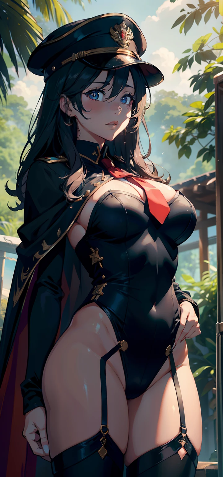 2 women's beauty pageants,25 age old,Large breasts,Pornographic exposure, 独奏,(Background with:ln the forest,the rainforest,in summer) with his long black hair,standing on your feet,Sweat profusely,drenched all over the body,seen from the front, curlies, mostly cloudy sky,(((tmasterpiece),(Very detailed CG unity 8K wallpaper),best qualtiy,cinmatic lighting,detailed back ground,beatiful detailed eyes,Bright pupils,(Very fine and beautiful),(Beautiful and detailed eye description),ultra - detailed,tmasterpiece,)),facing at camera,A high resolution,ultra - detailed),revealing breasts,Bare genitalia, Bulge,Camel toes,Raised sexy,Flushed complexion,Open-mouthed,frontage,girl soldier,military hat(Wearing:White court costume,black necktie,Pantyhose,Red cape)nakeness,high-heels