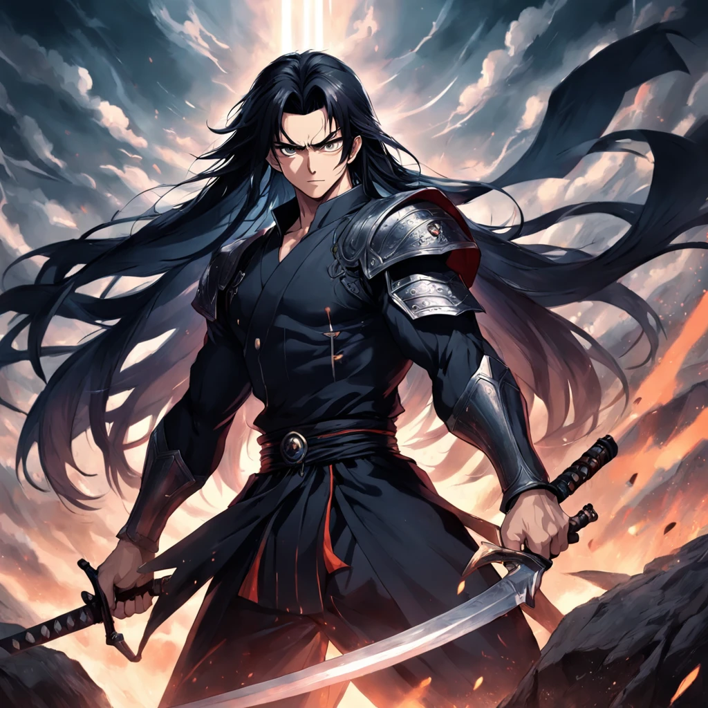 "A strong swordsman,Long black hair,Wearing black clothing,Armed with a huge sword,Stand in a smoky battle scene,Muscle tightness,with a determined look in his eyes。"