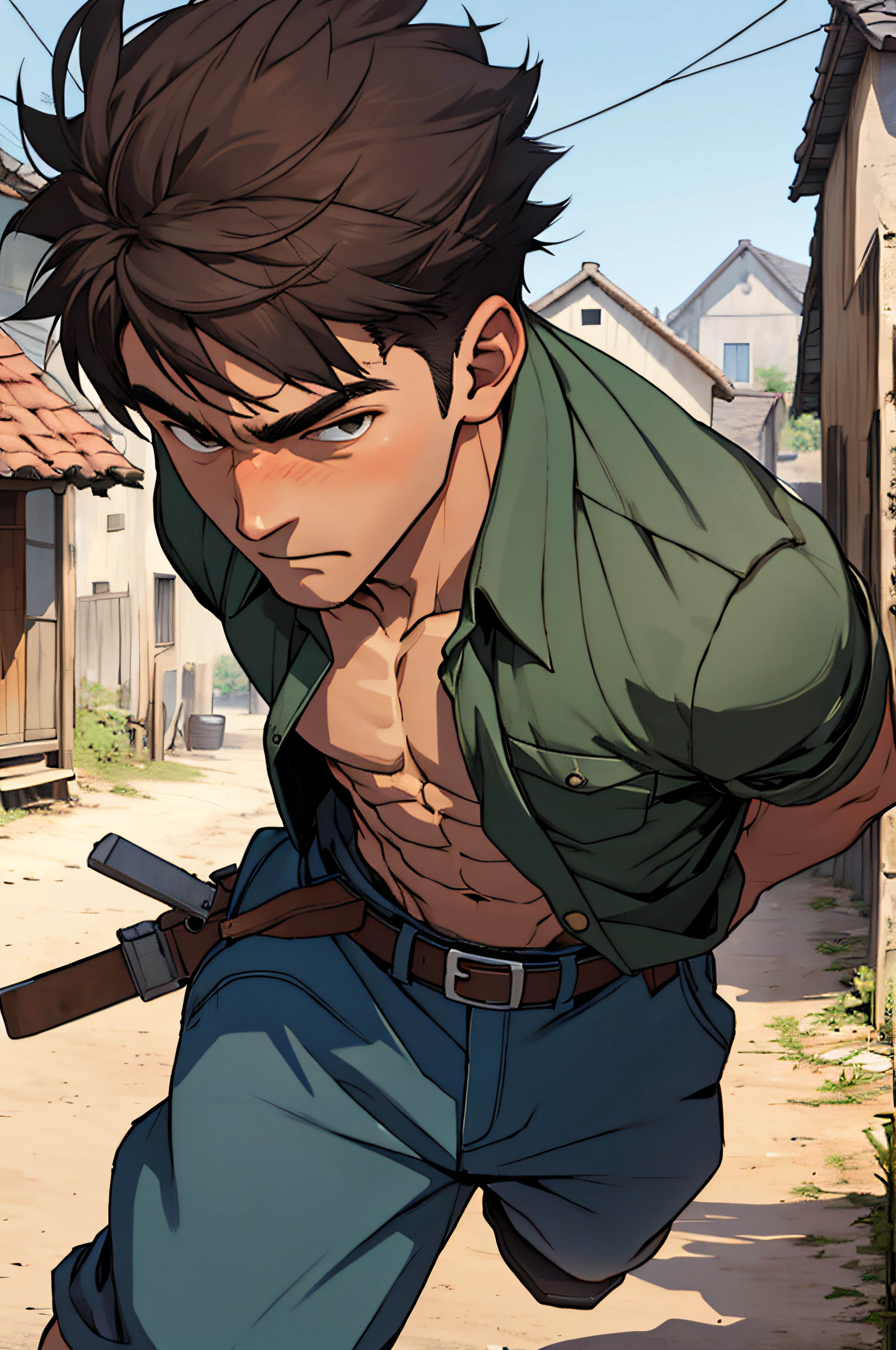 Small village background,1boy ,lewd poses,dynamite,Anatomically correct