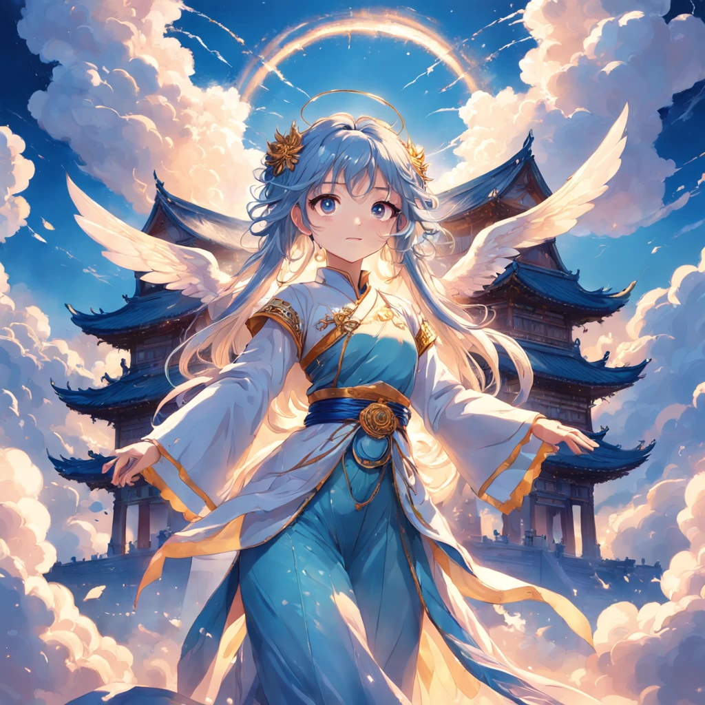 "Surrounded by auspicious clouds blessed by the Heavenly Palace,Beautiful magnificent palace,Brilliant sunshine,Flashing mysterious blessings,Streamers fluttering high,Dancing in the blue sky and white clouds,A happy smile,Joyful and peaceful atmosphere,beautiful fairie,Wings bloom,Guarding this sacred heavenly palace。"