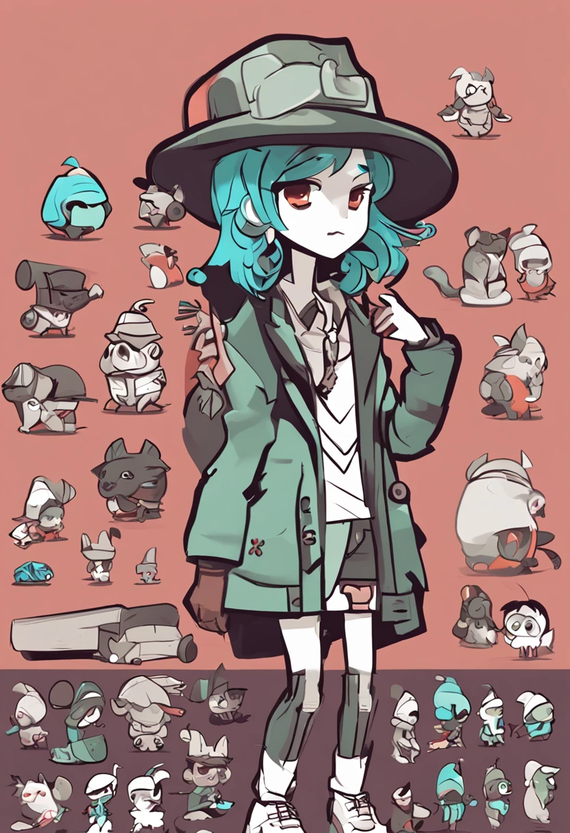 a cute and sweet little detective, animated character design, Spritesheet, high quality character design, game character design, complete character design, very stylized character design, Stylized character design, animation character, PSD Spritesheet, Telegram Sticker, character design for animation, Game concept art sprite sheet, character design, Full body character design, animation style