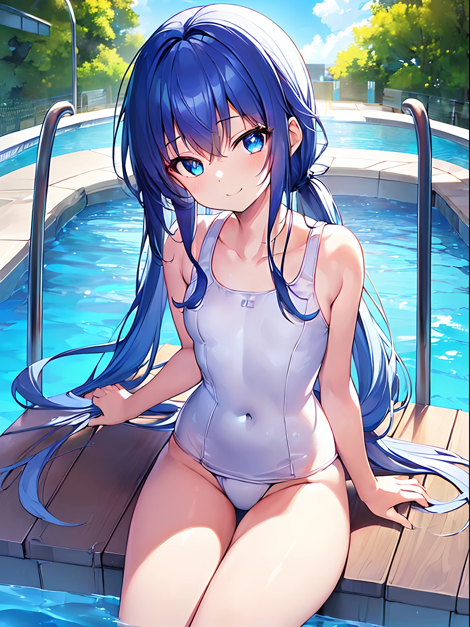 (((The ultra -The high-definition))), (((An ultra-high picture quality))), 独奏, One girl, Very cute, Moe Anime Style, Delicat eyes, (:1.5), (very modest chest:1.3), (saturated blue hair:1.2), (Straight long hair:1.2), (Long straight sideburns:1.1), (blue eyess:1.2), (A little sagging eyes:1.3), (blue-sky:1.1), Outdoor pool, Concrete poolside, Super smile, (Face with closed mouth:1.2), (White One Piece School Swimsuit:1.2), School swimwear for schoolchildren, (poneyTail), (Inner thigh-sitting)