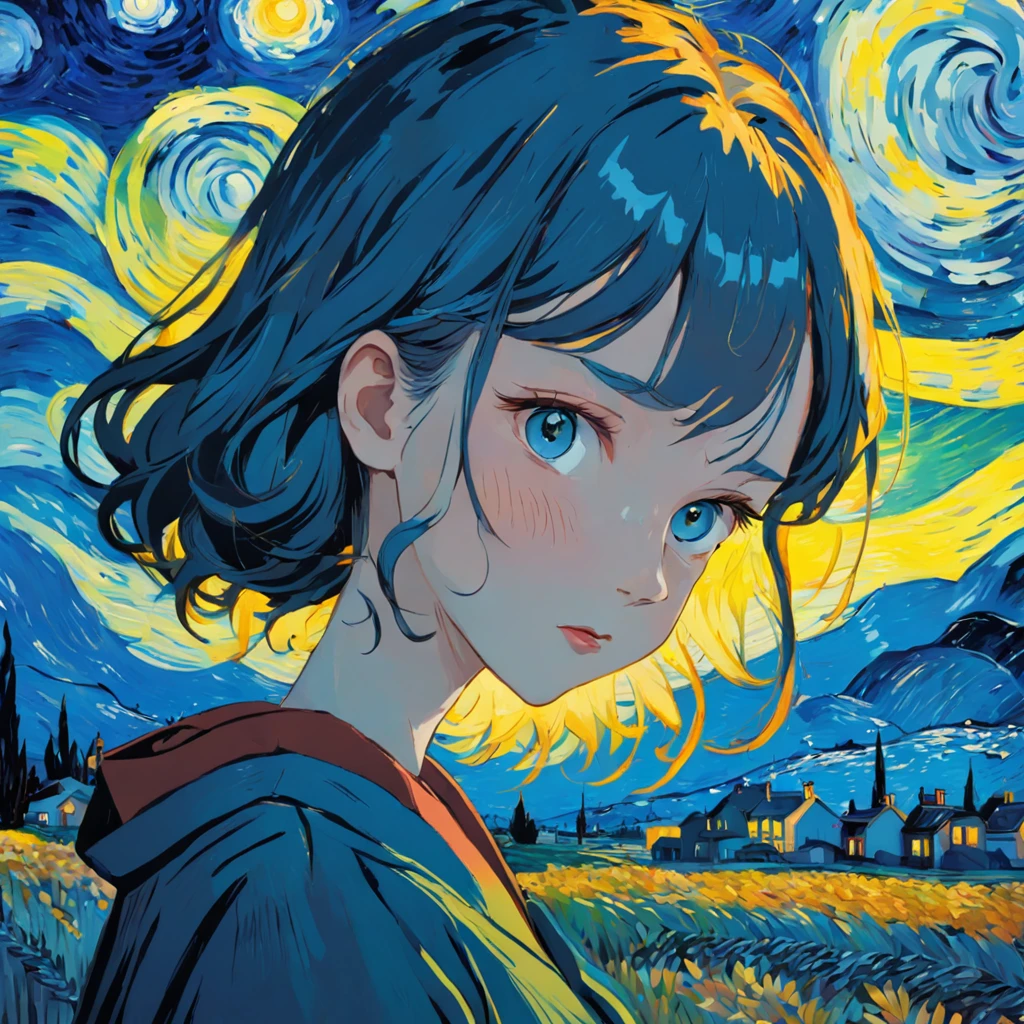 Van Gogh's masterpiece,Impressionist painter,Dotted with stars in the night sky,Bright and brilliant,Form peculiar lines and shapes,coloured with lots of colour,Nature views,wheat field,himawari,Use the brush to outline a strong light and shadow effect,The strokes are powerful and full of tension,Expresses inner emotions and emotions,Works of art created with excitement and inspiration。