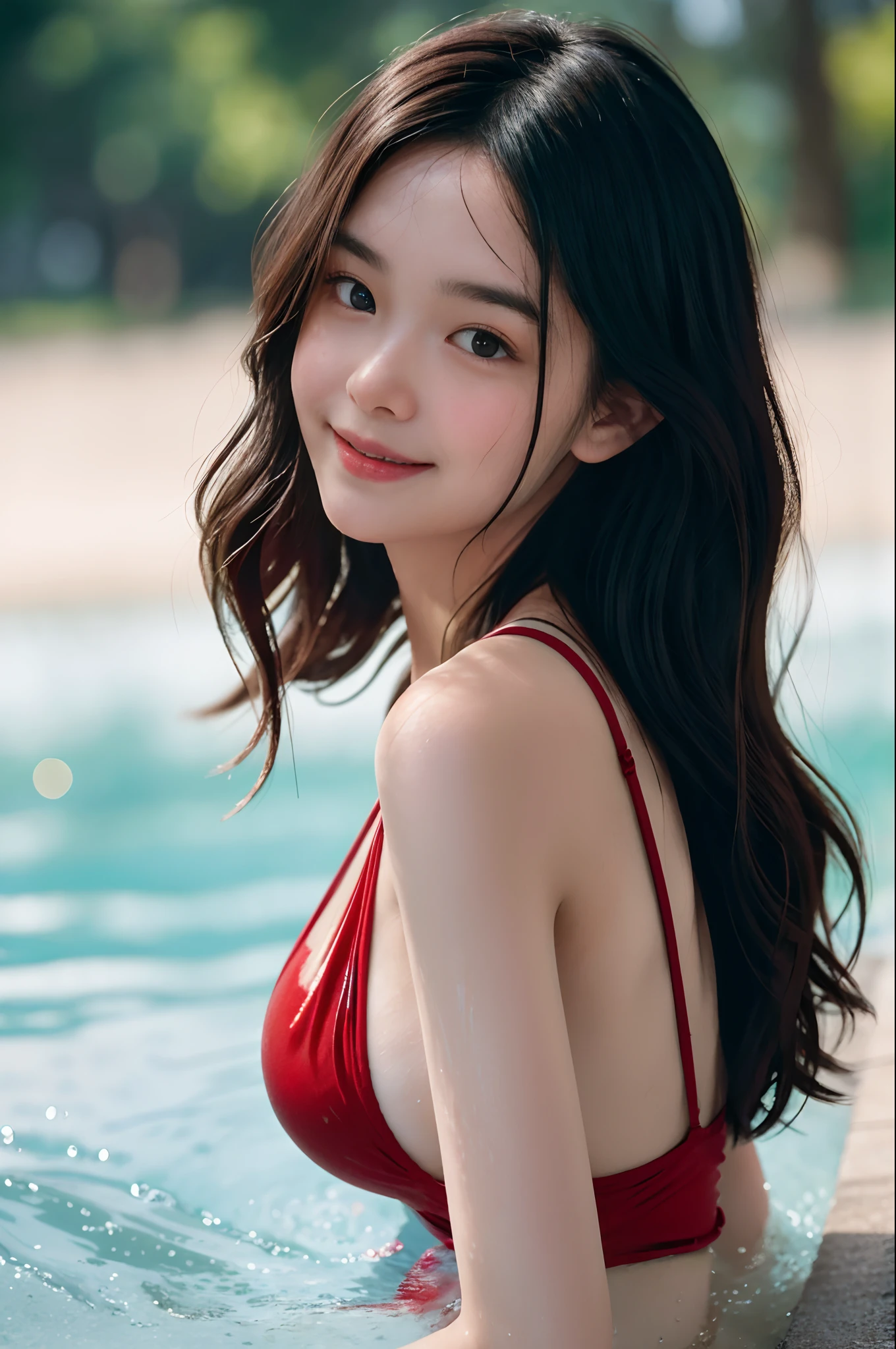 ((Best Quality, 8K, Masterpiece: 1.3)), (18-year-old Asian female), a beauti, In addition, melon face, Friendly and cute, sweet smile, Pure desire, Slender body, (electric wires), (tilted head), ((looking at camera) ), Wearing a swimsuit, Black soft medium hair, Long flowing shoulders, round black big eyes, round black big eyes, clear big eyes, moist red lips, sweet, Beach background, ((Dynamic Pose)), (Gravure Pose: 1.1), (Big), (thick-thighs),