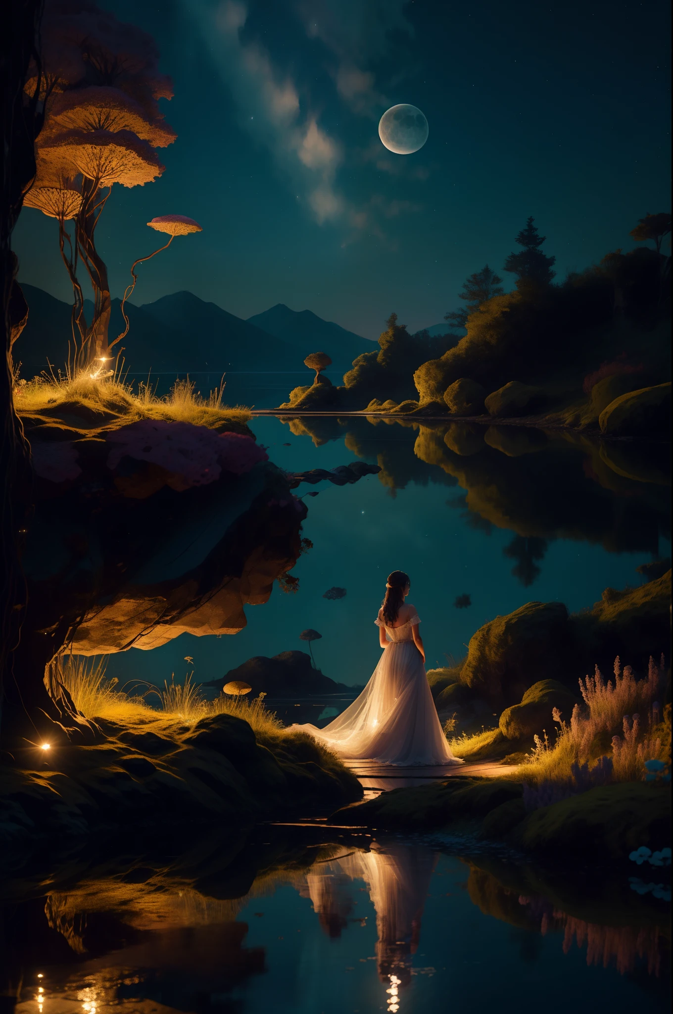 Create a calming fantasy image of a beautiful woman by a starlit lake on a tranquil night. She stands at the water's edge, her gown shimmering like moonlight, reflecting stars. The serene lake mirrors the starry sky, trees nearby rustle in the breeze. The scene is enchanting, blurring the line between reality and magic. Capture her delicate attire, twinkling stars, and serene waters. Invite viewers into a world of calm wonder where nature and magic coexist.