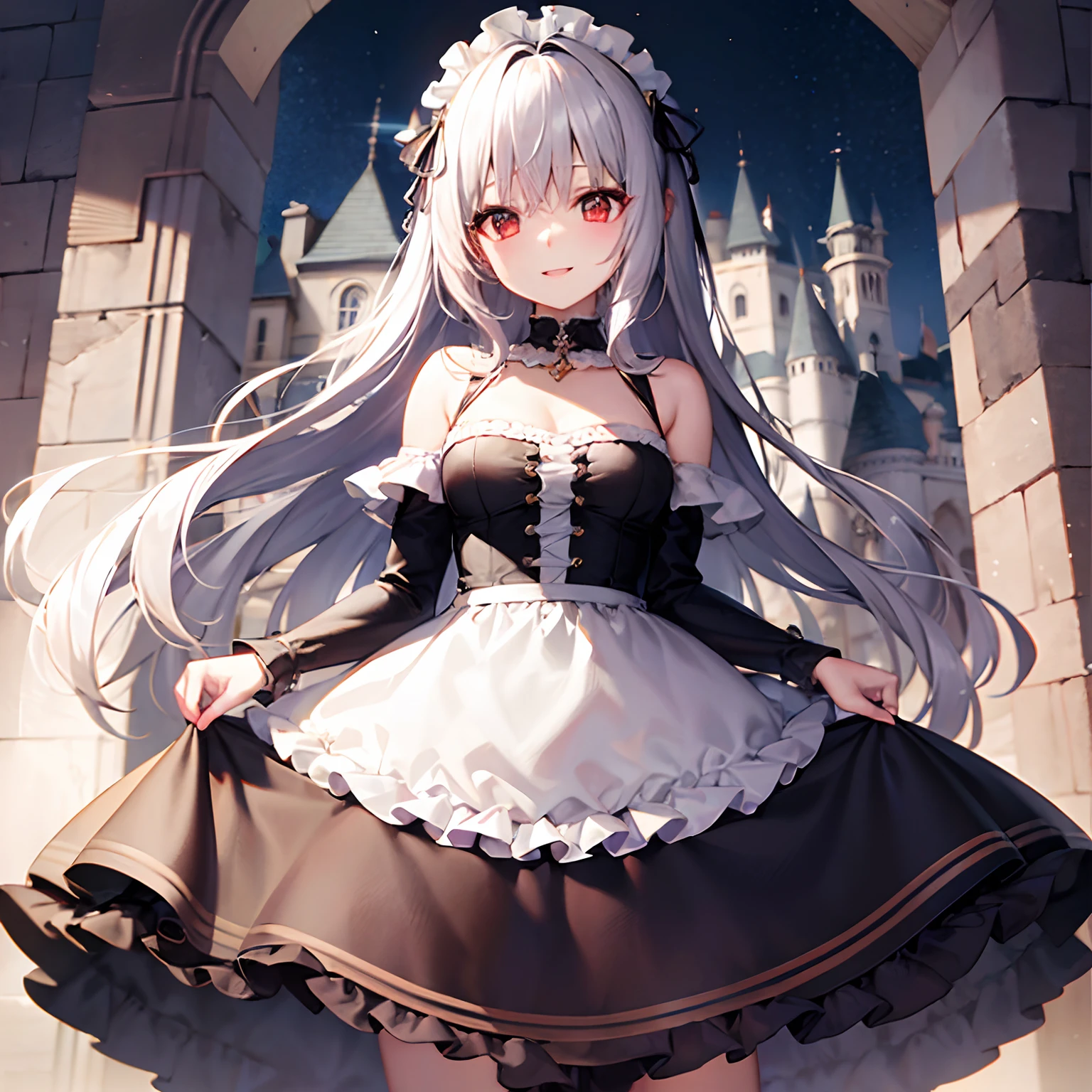 silber hair、red eyes、Beautiful girl alone、fuffy dress、off shoulders、Western-style castle、I'm smiling