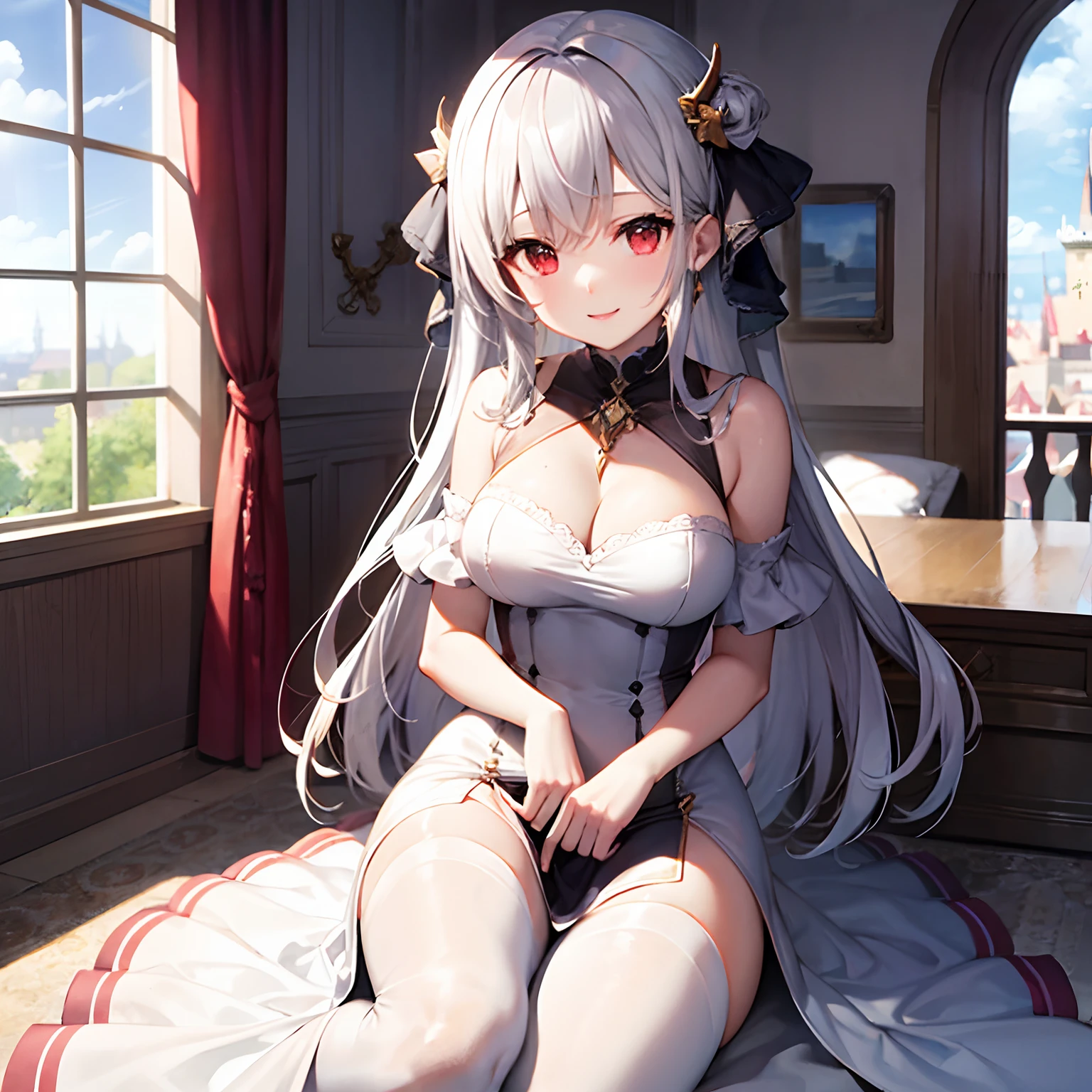 silber hair、red eyes、Beautiful girl alone、fuffy dress、off shoulders、Western-style castle、I'm smiling