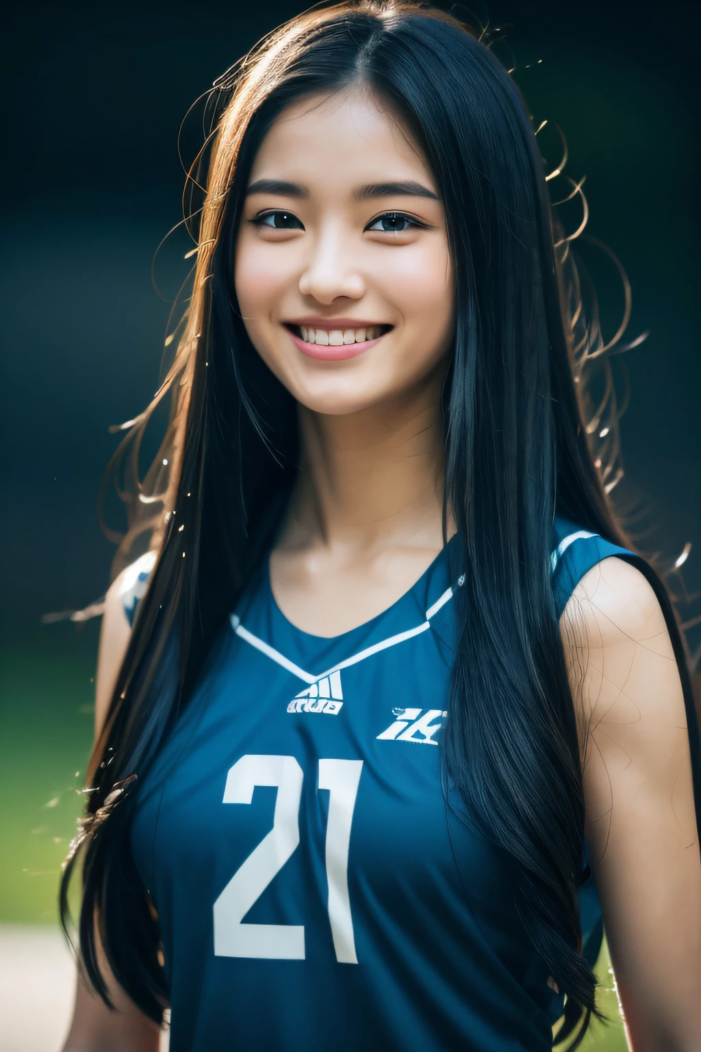 "Specifications: 8K Resolution, Optimal Quality: 1.2, Realistic Style, Enhanced Photorealism: 1.37, Crystal Clear Ultra High Definition, Subject: Teenage Girl (16 yrs old), 1 Girl, Cute, Smile, Closed Mouth, Beautiful Details, Beautiful Nose, Full Body, Wet Hair, Enchanting Smile, Graceful Closed Mouth, Exquisite Detailing, Lovely Nose, Complete Full Body, Glistening Wet Hair, Scenic Colossal Dalsefo,complex, , cinematic lighting, halo, shiny,(8K, Best Quality, Masterpiece: 1.2), (Realistic, Photorealistic: 1.37), Super Detail, 1 Girl, 16 years old, Big, Beauty, Cute, Smile, Solo, (Redness of the Nose), (Smile: 1.15), (Mouth Closed), Volleyball, Jersey, Spiked in Match, Beautiful Eyes, Balle Ball Court, (Long Hair: 1.2), Floating Hair neon blue hair, Novafrog style, upper body