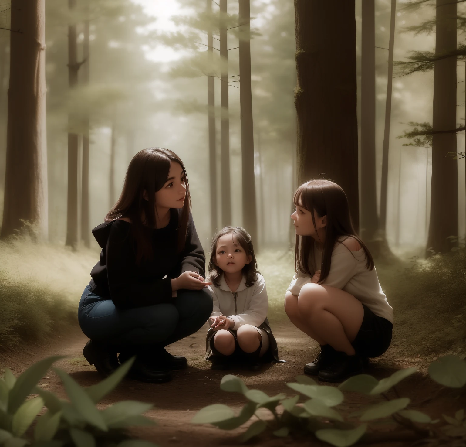 A woman and two girls sitting in the woods, sitting in the forrest, at a forest, In the forest, Family photography, in woods, In a forest, In the woods, forest picnic, In nature, author:Emma Andievska, in woods, telling stories, enjoying a stroll in the forest, standing in the forrest, in green forest