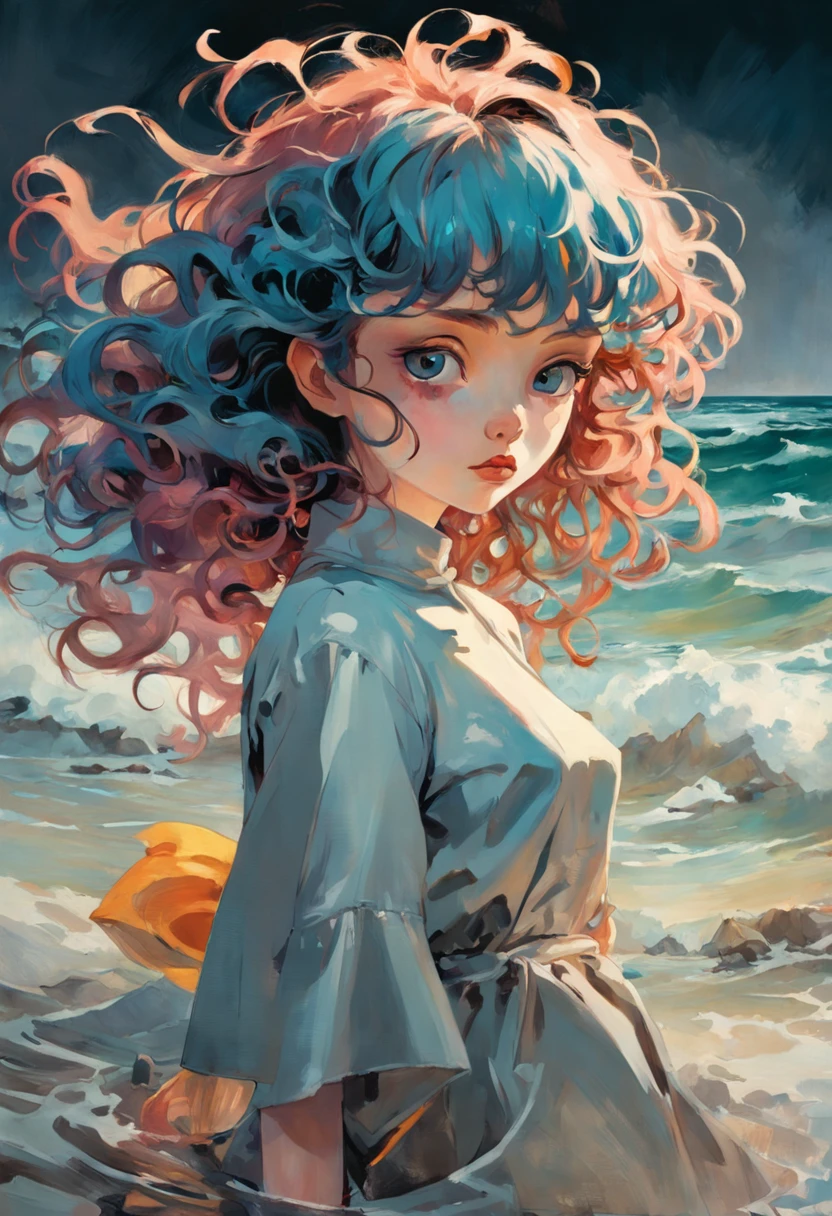 Beautiful girl. curly hair. youthful costumes.Surrealism. Tim Burton. In the style of Adrian Ghenie, Esao Andrews, Jenny Saville, Edward Hopper. The look of the 50s advertising