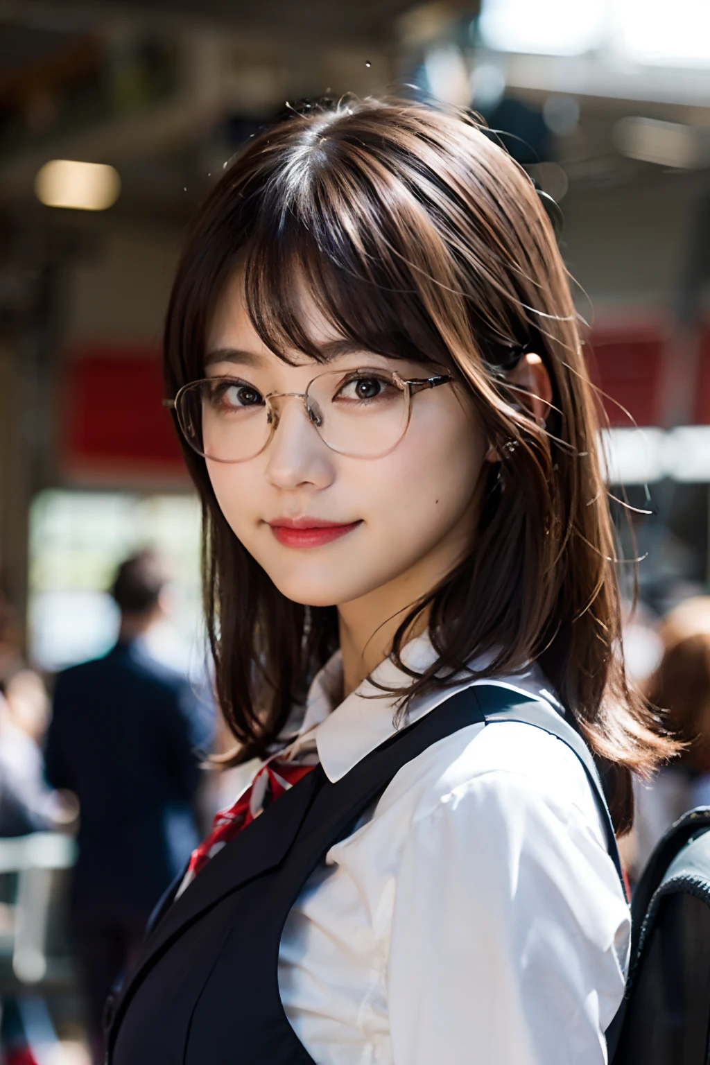 (8K、Raw photography、top-quality、​masterpiece:1.2)、(realisitic、Photorealsitic:1.37)、ultra-detailliert、超A high resolution、女の子1人、see the beholder、beautifull detailed face、Cheerful smile、Constriction、(Slim waist) :1.3)、Idols wearing high school uniforms、Beautiful detailed skin、Skin Texture、Floating hair、Professional Lighting、Performance on stage in the gymnasium、Black square glasses  、Whole human body、Brown hair