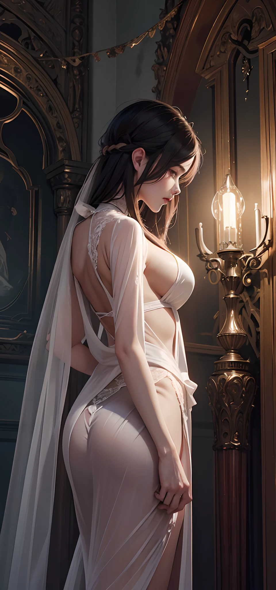 Official Art, Unity 8k wallpaper, super detailed, beautiful, beautiful, masterpiece, best quality,
darkness, atmosphere, mystery, romanticism, creepy, literature, art, fashion, victorian, decoration, intricacies, ironwork, lace, contemplation, emotional depth, supernatural,
1 girl, solo, neck, half composition, transparent clothing, transparent clothes, pink cute, pink tender, proud and holy, sacred, naked, leaky shoulders, leaky, fat buttocks, big breasts, double breasts, real light and shadow, cinematic light, cinematic sense, light effects, holiness,