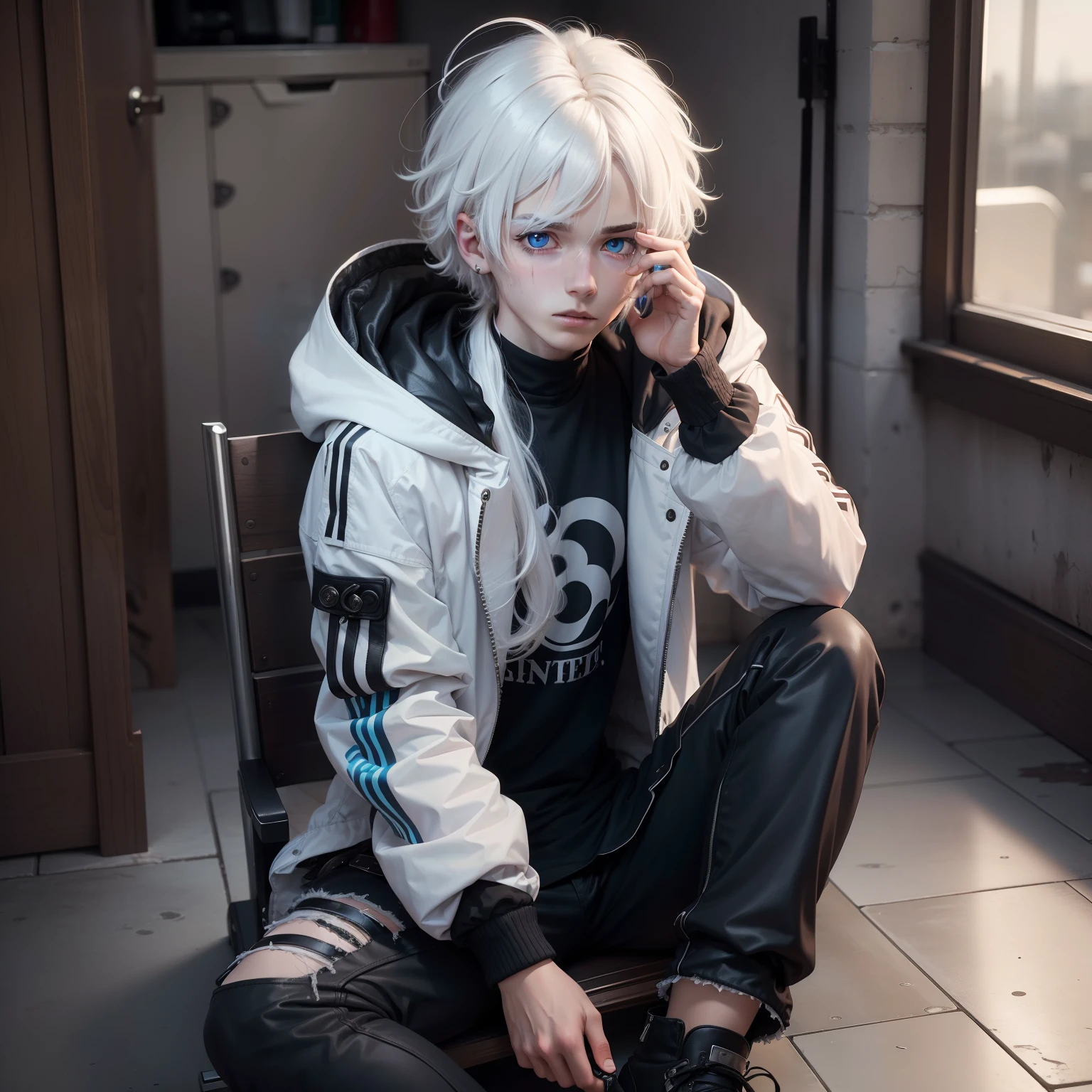 One Boy,white hair,bobhair,masterpiece,Eyes are blue,Messy hair,Jacket with hair hood,Emo,sitting on,Decadent,locks