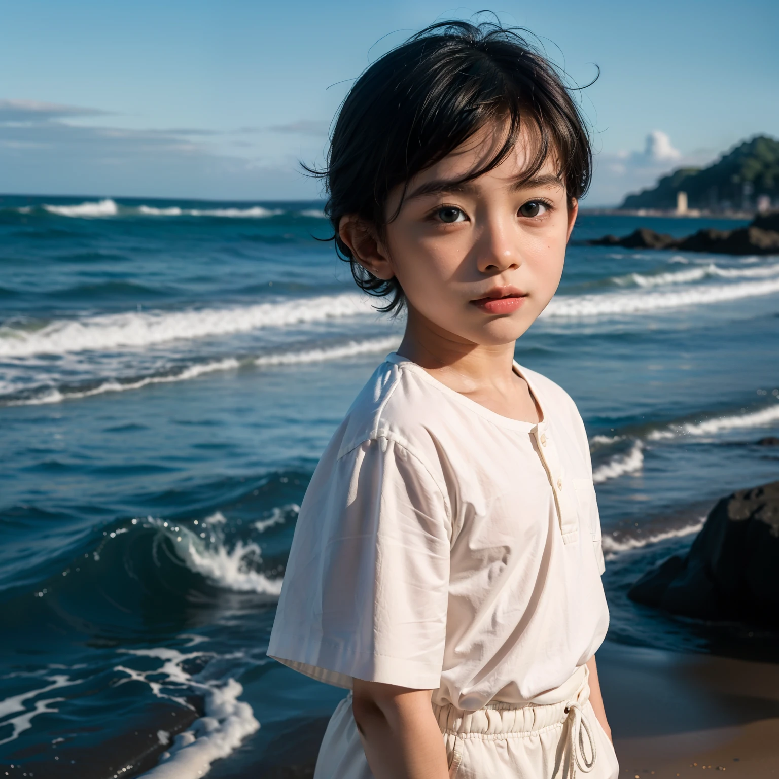 Masterpiece, best quality, 8K wallpaper, a handsome little boy by the sea, (multi-national mixed race 1.6), black hair, (big brown eyes), straight nose