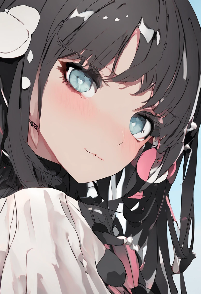 black hair, hair bobbles, wince, longeyelashes, solid circle eyes, fake animal ears, light smile, ear blush, fang, Surrealism, drop shadow, anaglyph, stereogram, tachi-e, pov, atmospheric perspective, 8k, super detail, ccurate, best quality