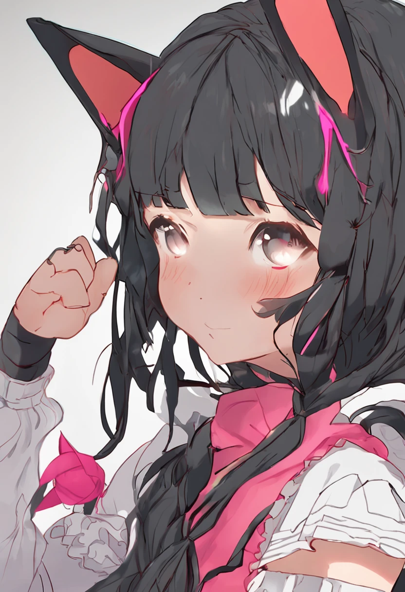 black hair, hair bobbles, wince, longeyelashes, solid circle eyes, fake animal ears, light smile, ear blush, fang, Surrealism, drop shadow, anaglyph, stereogram, tachi-e, pov, atmospheric perspective, 8k, super detail, ccurate, best quality