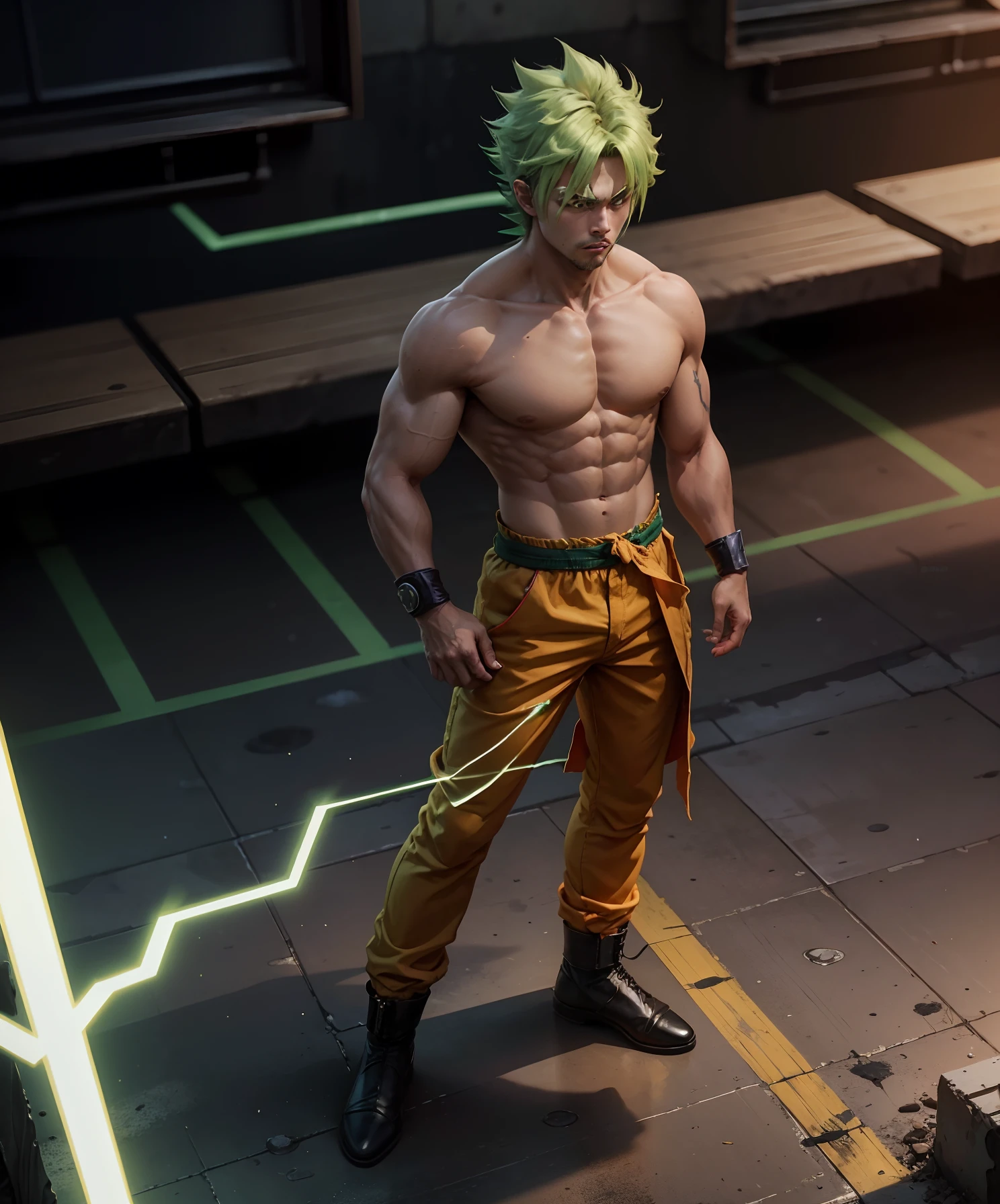 Full body man, standing, son goku, super saiyan, green hair, green eyes, green electric around a man --auto