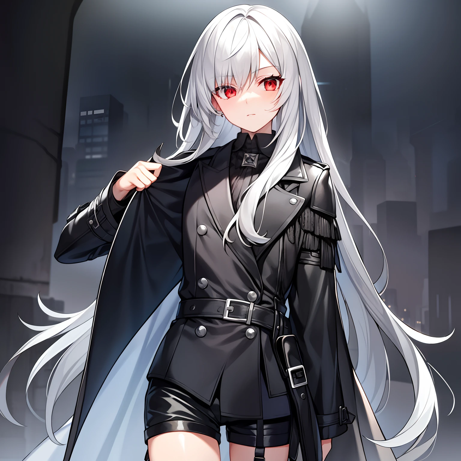 (Confused, High resolution, Very detailed), 1 female, Silver Hair,Long Hair,reddish brown eyes,Black hooded pilot coat,Black and white suit,wearing boots,mid 20's,Beautiful woman,cool face,thin,Are thin,quiet,Calm,In the pouring rain