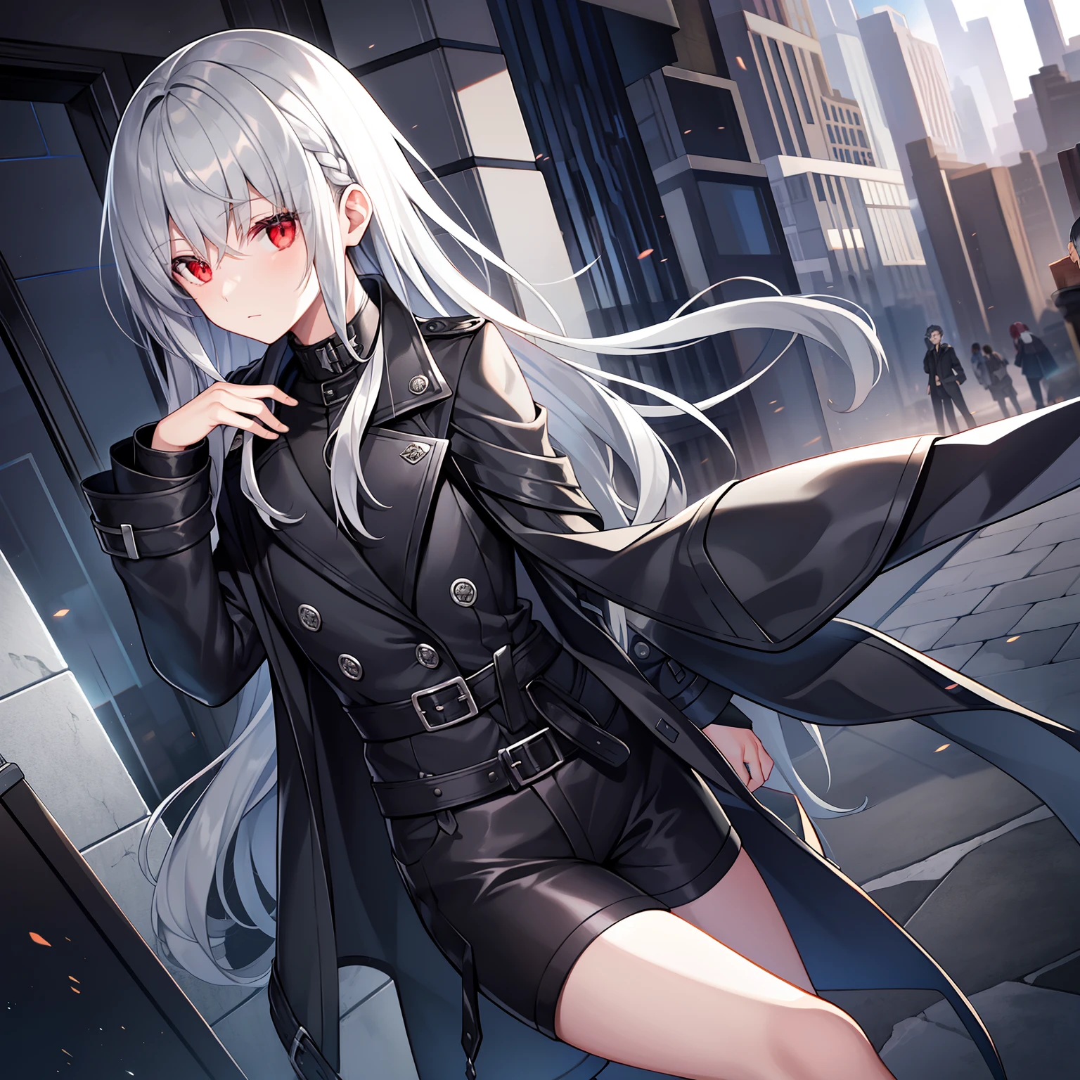 Broken cities,Boy,Black silver-trimmed trench coat,Silver gray shorts,16 yaers old,Silvery hair,Red eyes,tmasterpiece
