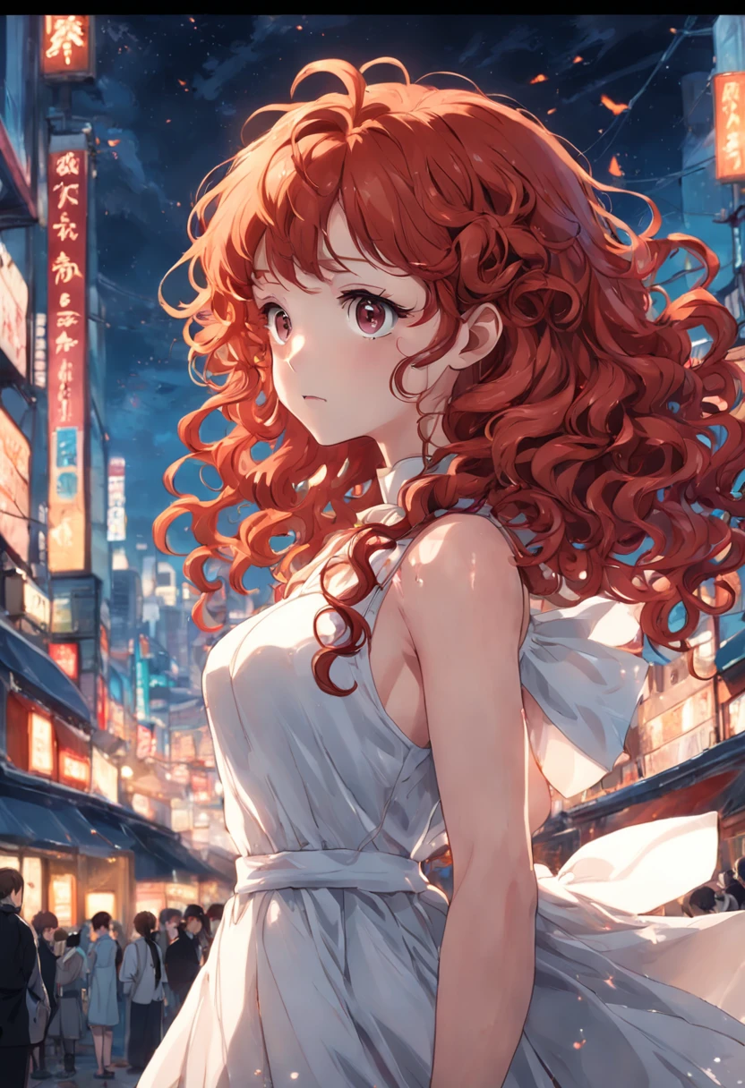 beautiful girl. red curly hair. wear a white dress.