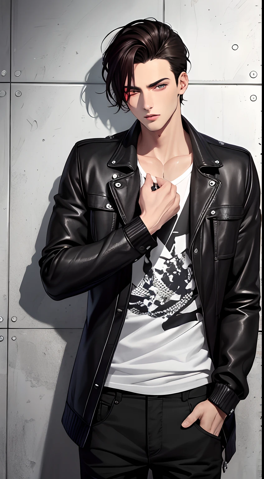 colorful,highest detailed, Young Male with dark brown short hair, heterochromia eyes, handsome, casual clothes, beautiful serious eyes, gangster, slicked back hairstyle