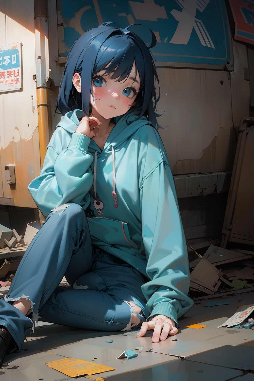 A playful anime girl wearing a blue hoodie, full jeans, messy hair, (2d illustration:1.2), visual clutter, (1girl:1.3), ((abandoned amusement park)), morning, (side face:1.4))