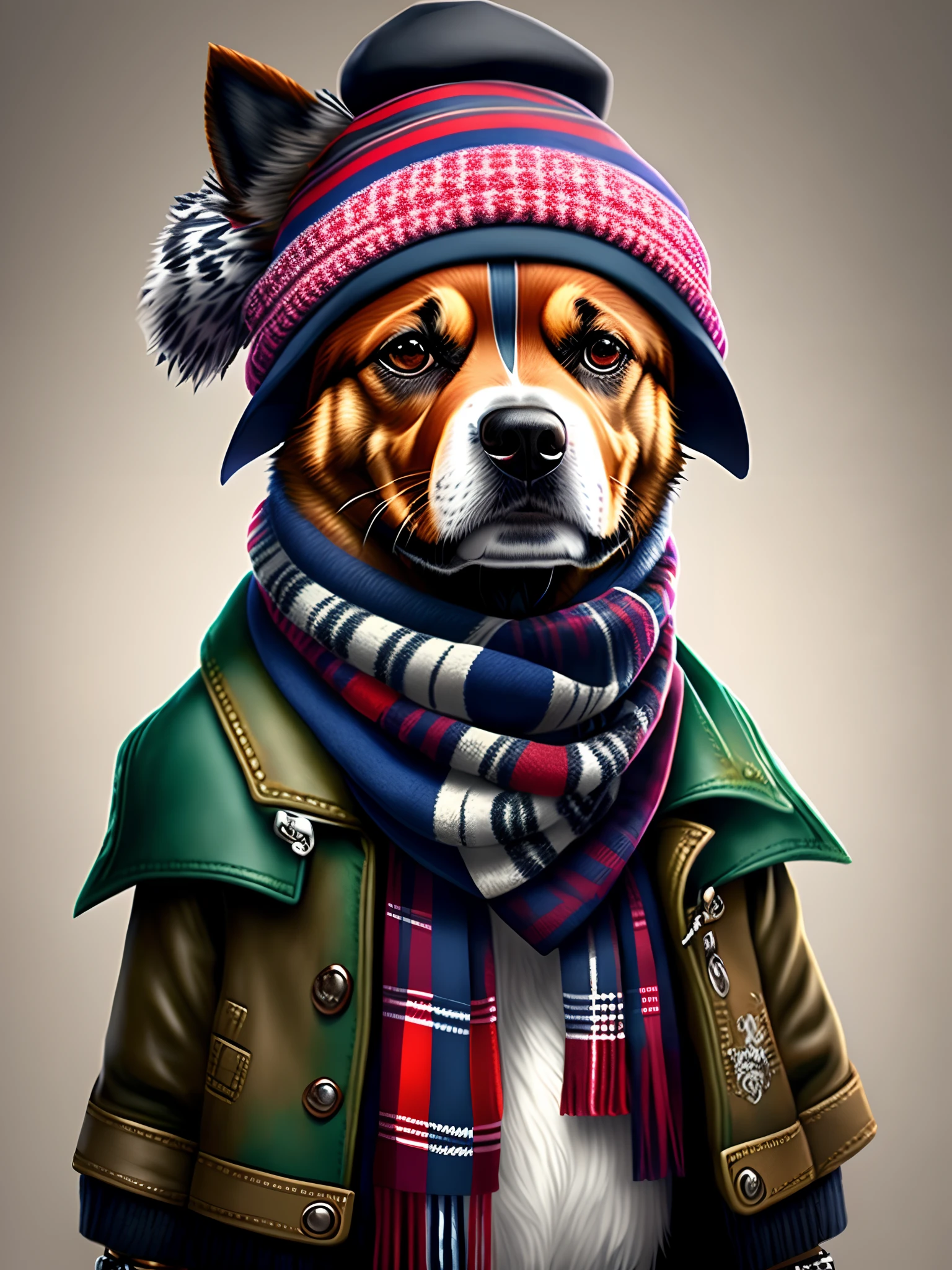 Image of a dog wearing a hat and scarf, trends in the art station, dressed in punk clothing, Ultra-realistic detail rendering, British gang member, Urban style, intimidating pose, Planet of the Dogs, Fashion clothes, Urban Samurai, , West Slavic traits, 8 1 5