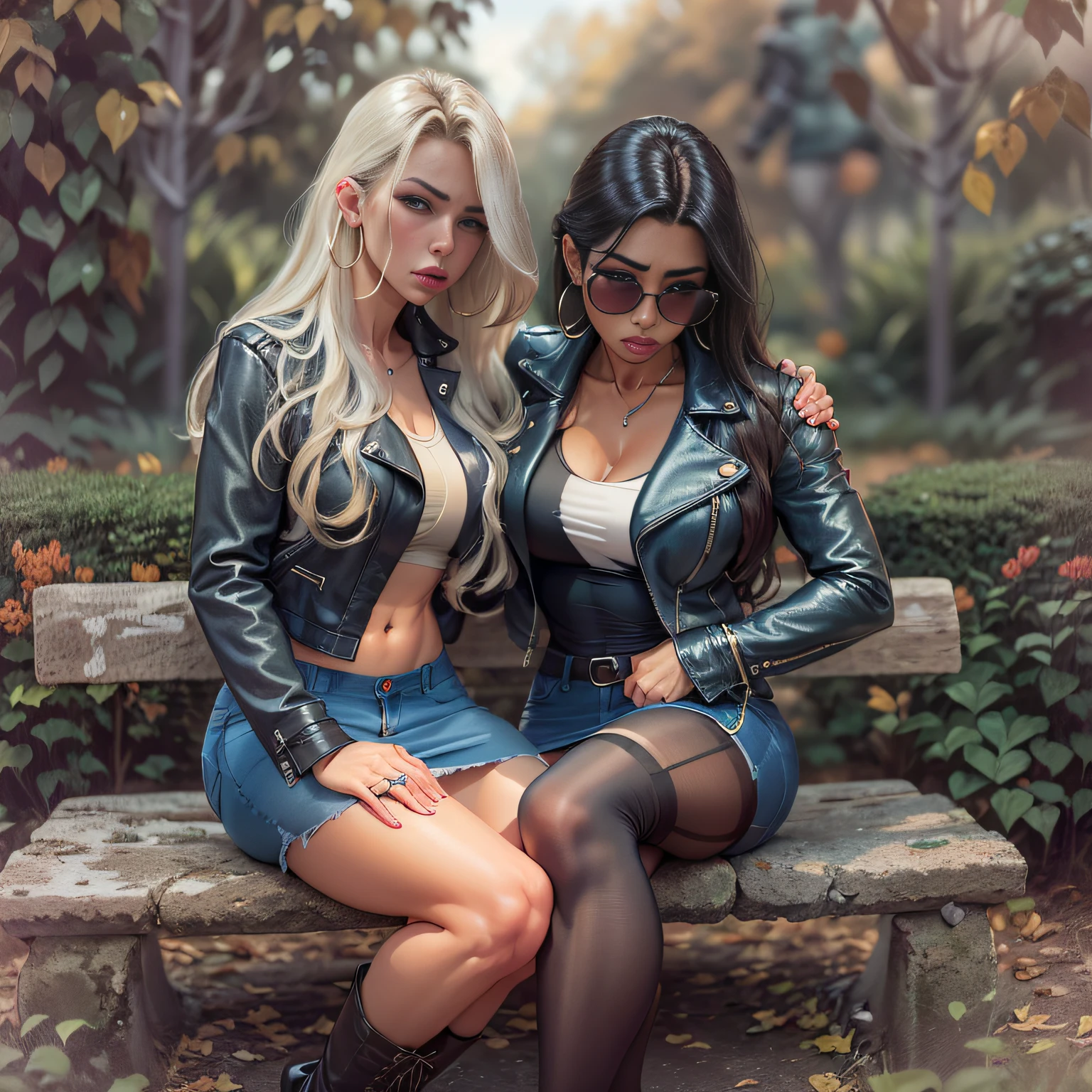 Brazilian, ganguro girl, Two girls, beatiful face, sexy secretary, muscular legs, muscular calves, Strong legs, muscular hips, wide thighs, Curvy hips, A full body shot, high-heeled sandals, tights in a net, mid-thigh boots, Short denim skirt, leather jacket, large ring earrings, He really wants to pee, in park, Cuddling, Coming soon, wants to pee, desperately wants to pee, wants to urinate, An expression of shame on his face, confusion, Desperation on the face, crying, pinches the crotch with his hand, crumples the hem of the skirt with his hands, Knees clenched together, Tense posture, bites his lower lip, full bladder, terribly wants to go to the toilet, anatomically correct, Realistic,