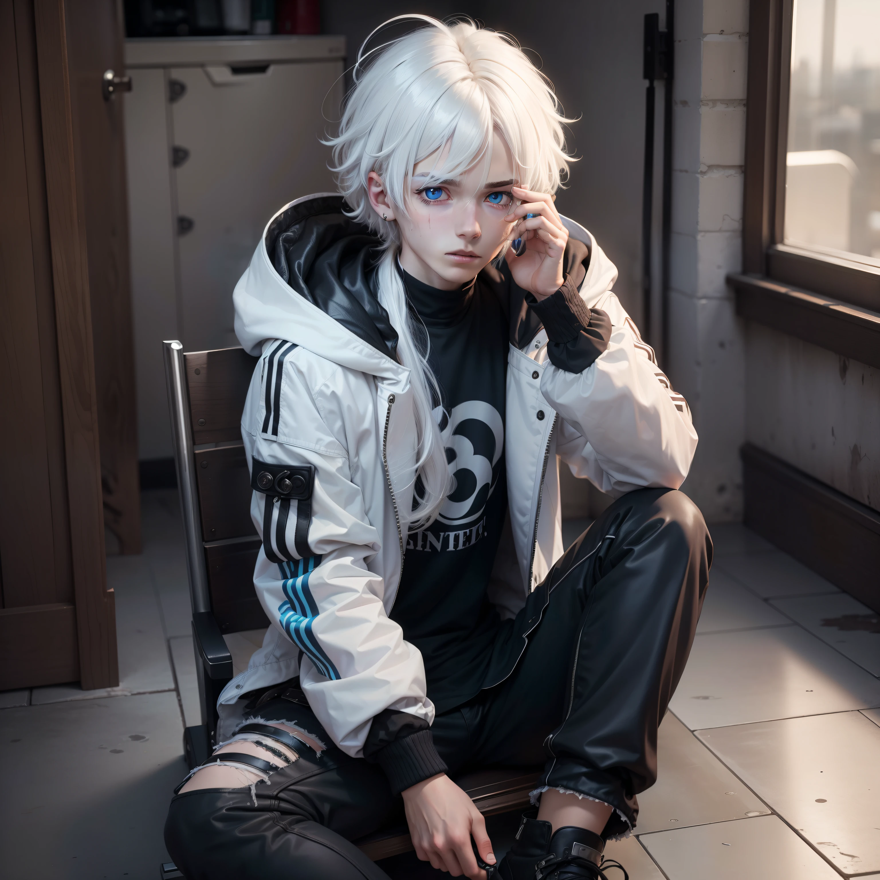 One Boy,white hair,bobhair,masterpiece,Eyes are blue,Messy hair,Jacket with hair hood,Emo,sitting on,Decadent,locks