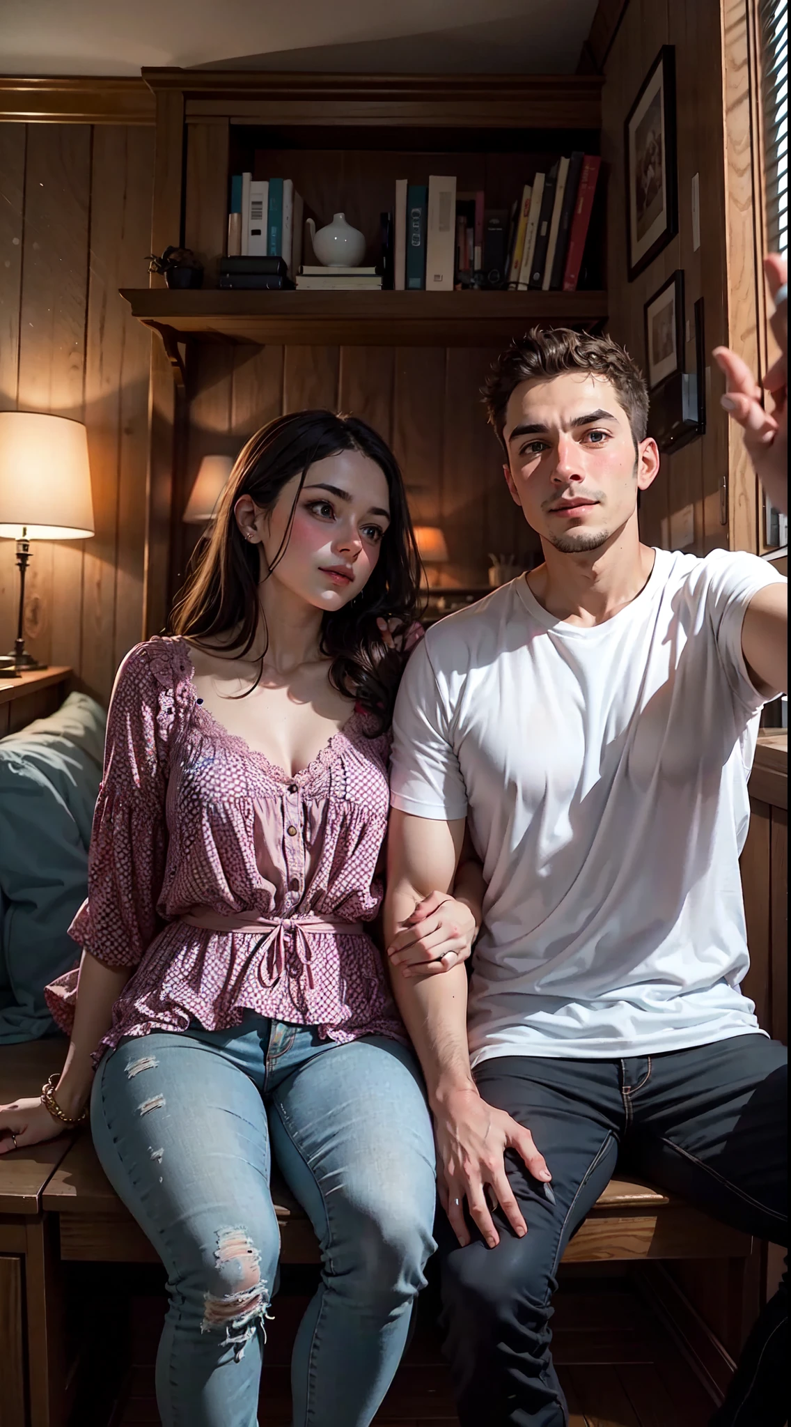 there is a man and woman sitting, in love selfie, lovely couple, with lovely look, facebook post, profile pic, selfie photography, selfie, with wart, selfie photo, candid picture, 8k selfie photograph,