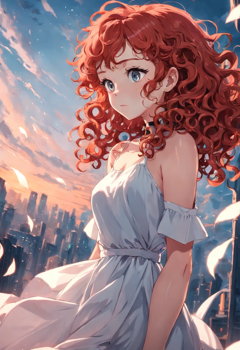 beautiful girl. red curly hair. fashion glasses. wear a white dress.