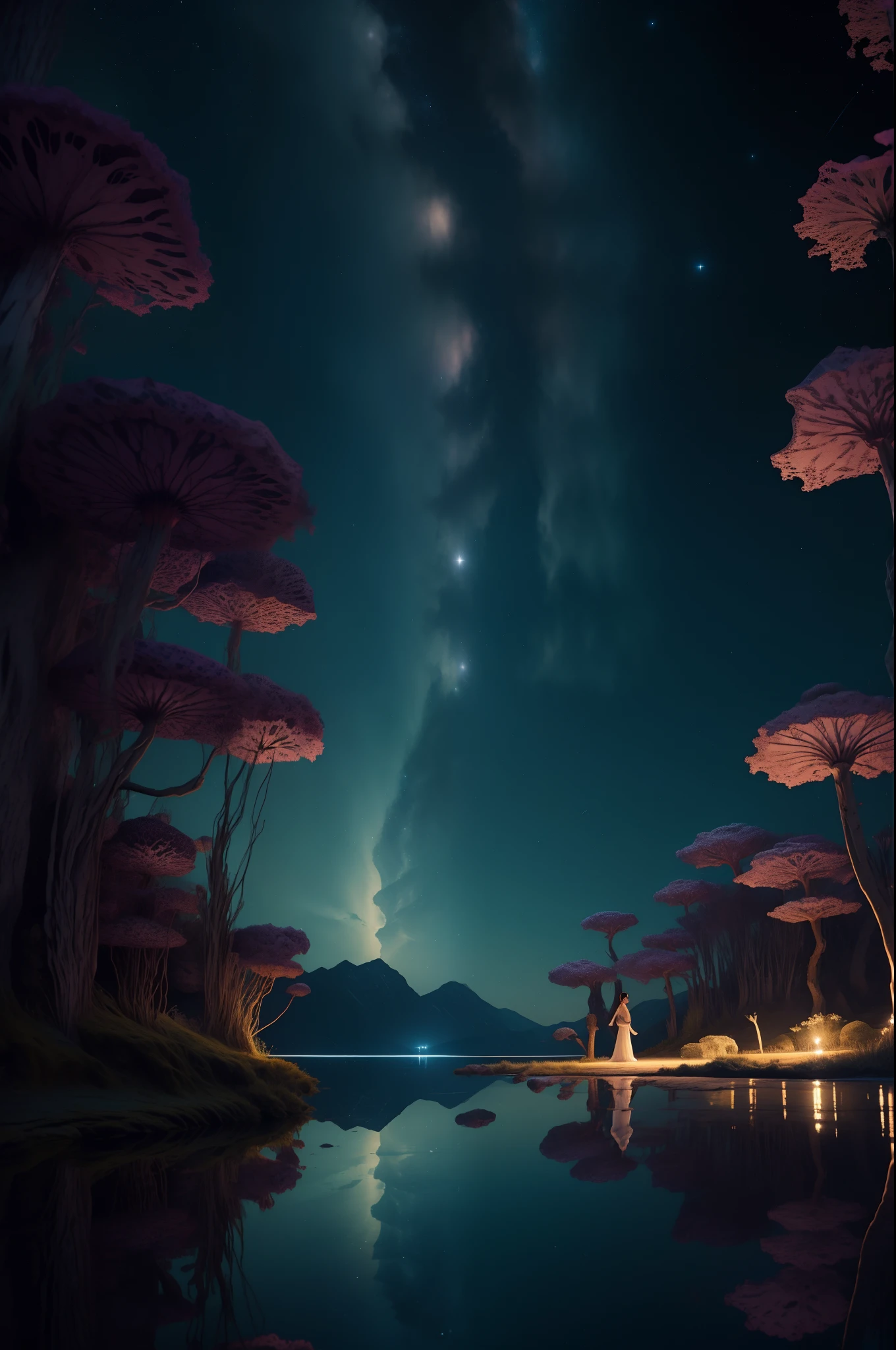 a calming image of a beautiful woman by a starlit lake on a tranquil night. She stands at the water's edge, her gown shimmering like moonlight, reflecting stars. The serene lake mirrors the starry sky, trees nearby rustle in the breeze. The scene is enchanting, blurring the line between reality and magic. Capture her delicate attire, twinkling stars, and serene waters.