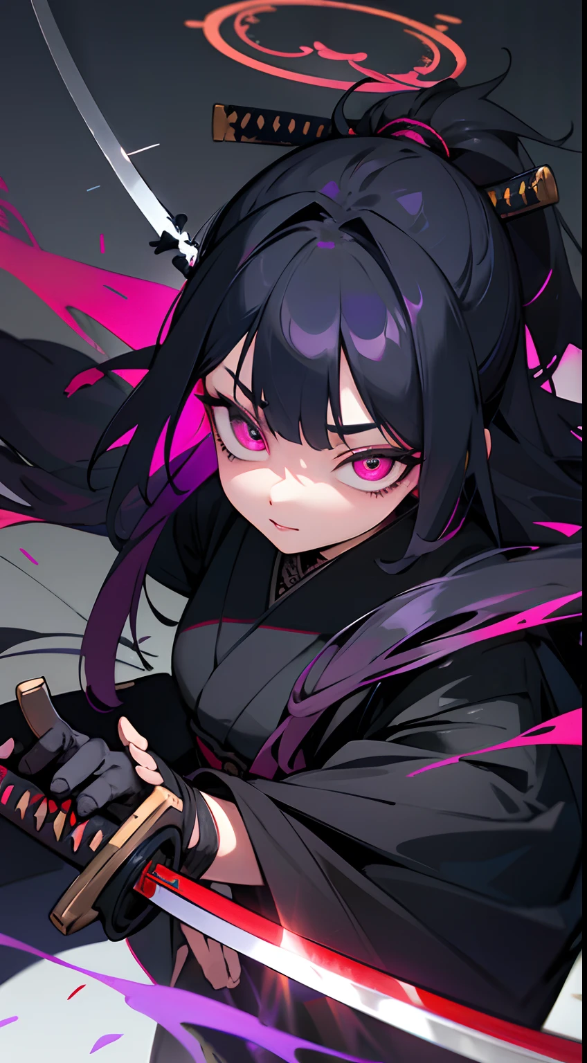 hyper super ultra detailed perfect piece, illustration,solo, beautiful face,masterpiece, (perfect anatomy), (EXTRA HALO), (go mad eyes),long hair, black kimono, intricate details, best quality,insanevoid, horror \(theme\), Body Horror Creatures,solo,creature, (weapon KATANA), ((holding KATANA)),Katanas,Katana,Katana,insanevoid, glowing eyes, extra eyes, horror \(theme\),Magic Circle