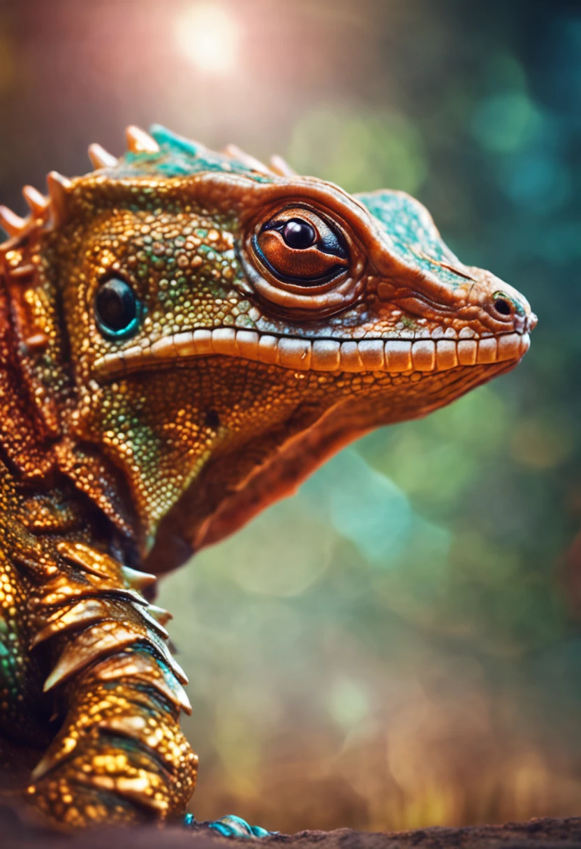 A beautiful portrait of an alien lizard, soft lighting, golden hour, bokeh