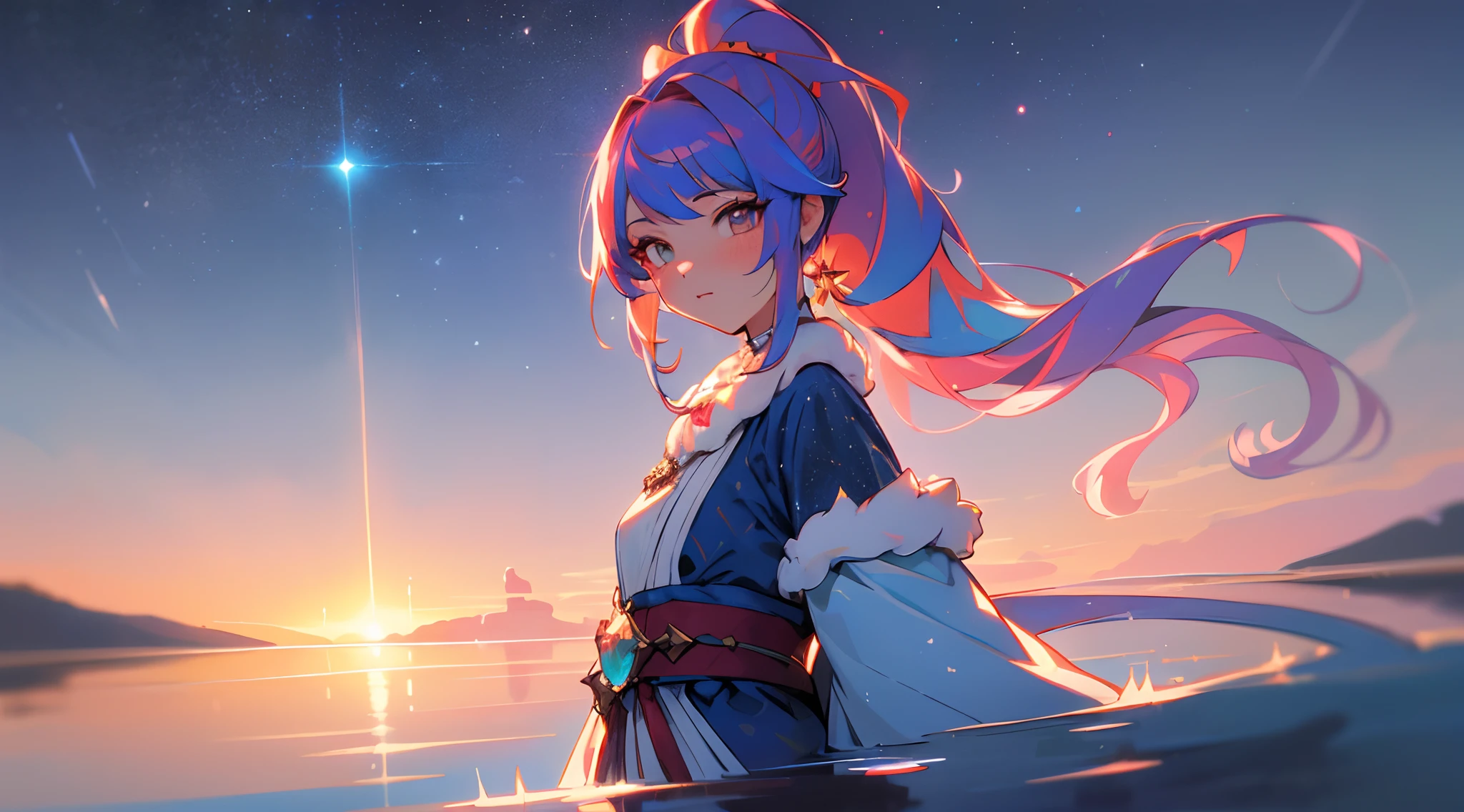 ((tmasterpiece)), (((beste-Qualit))), ((ultradetailed)), ((illustartion)), [The light effect of realism], eye shadow, (fantasy style), (whitebackground), Simple background, illustartion, 1 girl, sly look, Majestic view (multi-colored hair, Hair gradient, Hair color from blue to peach, without bangs, curly curl on the cheek, hairstyle: high ponytail, long tail), The eyes are crimson-red, Warm light, Stars, wide eyes, Lashes, big breastes, Regular, (Traditional blue costume, Clothing of a northern character, fur, Layering of clothes, (Small Blue Gemstones), white patterns on the fabric in the form of stars), galaxy, Additional lighting , wallpapers, letho, Lake, dawning, Clouds, tmasterpiece, Filmic, soft light, Depth of field, ray traced, Reflection in water, 真实感, Ulra expand