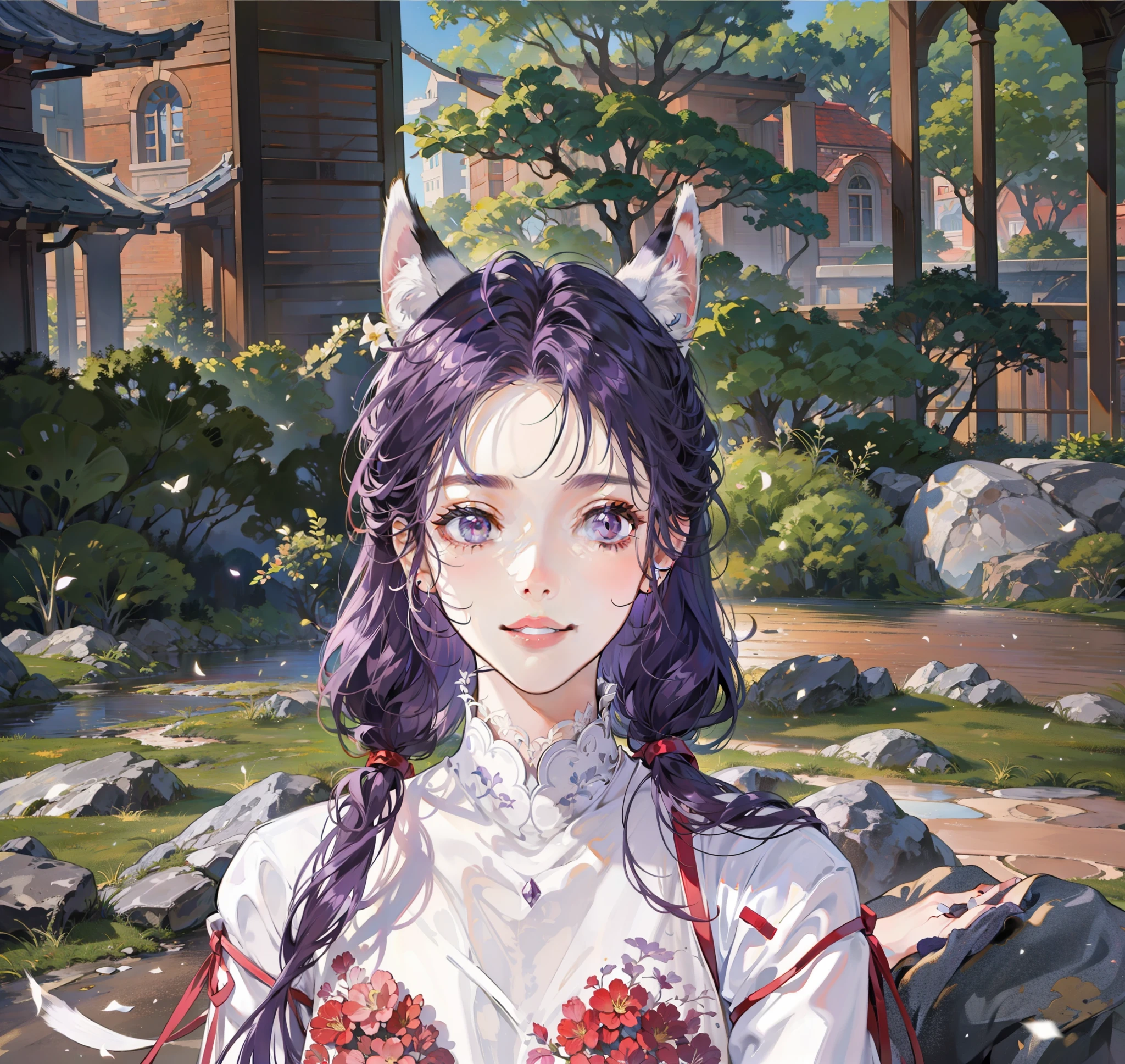 one pretty woman,Purple colored hair,White fox ears,smile eyes