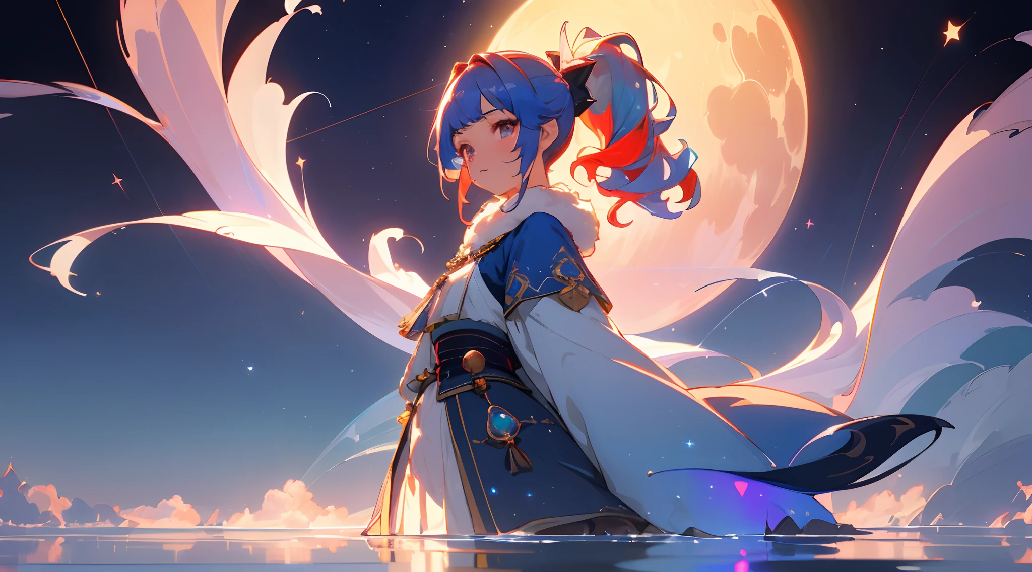((tmasterpiece)), (((beste-Qualit))), ((ultradetailed)), ((illustartion)), [The light effect of realism], eye shadow, (fantasy style), (whitebackground), Simple background, illustartion, 1 girl, sly look, Majestic view (multi-colored hair, Hair gradient, (blue hair), Hair color from blue to peach, without bangs, curly curl on the cheek, hairstyle: high ponytail, long tail), The eyes are crimson-red, Warm light, Stars, wide eyes, Lashes, big breastes, Regular, (Traditional blue costume, Clothing of a northern character, fur, Layering of clothes, (Small Blue Gemstones), white patterns on the fabric in the form of stars), galaxy, Additional lighting , wallpapers, letho, Lake, dawning, Clouds, tmasterpiece, Filmic, soft light, Depth of field, ray traced, Reflection in water, 真实感, Ulra expand
