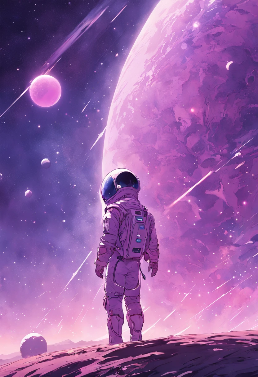 purple tint，Bright tones，Close-up of a man in a spacesuit standing in the desert, planetes, floating beside planets, standing in outer space, Makoto Shinkai Cyril Rolando, amazing wallpapers, Space travelling, looking off into space, anime backgrounds, cosmos sem fim no fundo, dan mcpharlin, kilian eng. mœbius