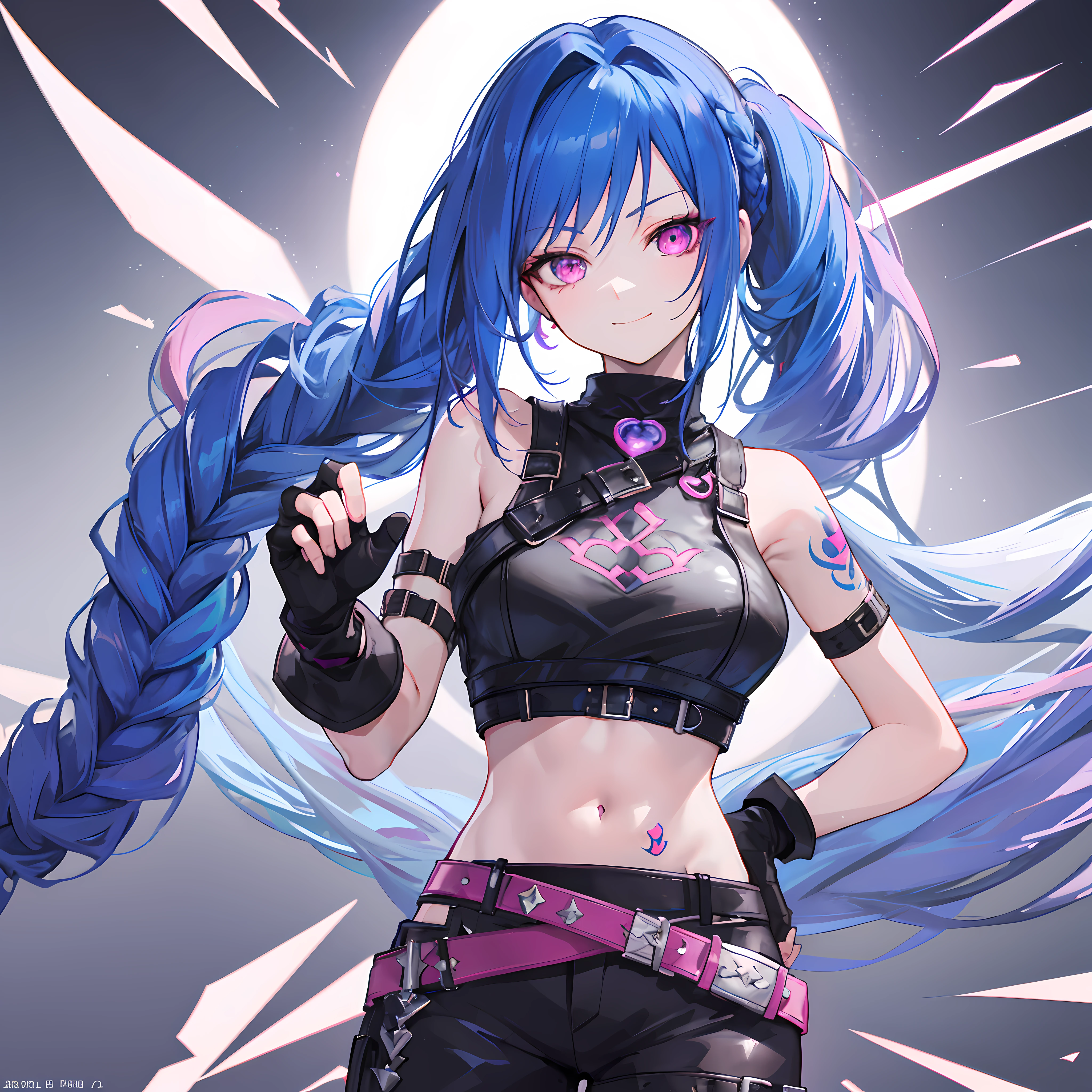 Solo,(Best quality:1.2,Masterpiece:1.2,Ultra detailed,hires),
Jinx (League of Legends),(Best quality:1.2,Masterpiece:1.2,Ultra detailed,hires),1girll,Upper body,Small breasts,
Blue hair,Long hair,Double up braid,Very long hair,bangs,Arm tattoos,stomach tattoo,Pink eyes,
Black leather,Cortical arm,Crop top,midriff,Bare shoulders,Black fingerless gloves,black,Cortical neck ring,
Boots,Pink striped pants,belt,brownfootwear,
view the viewer,Smile,