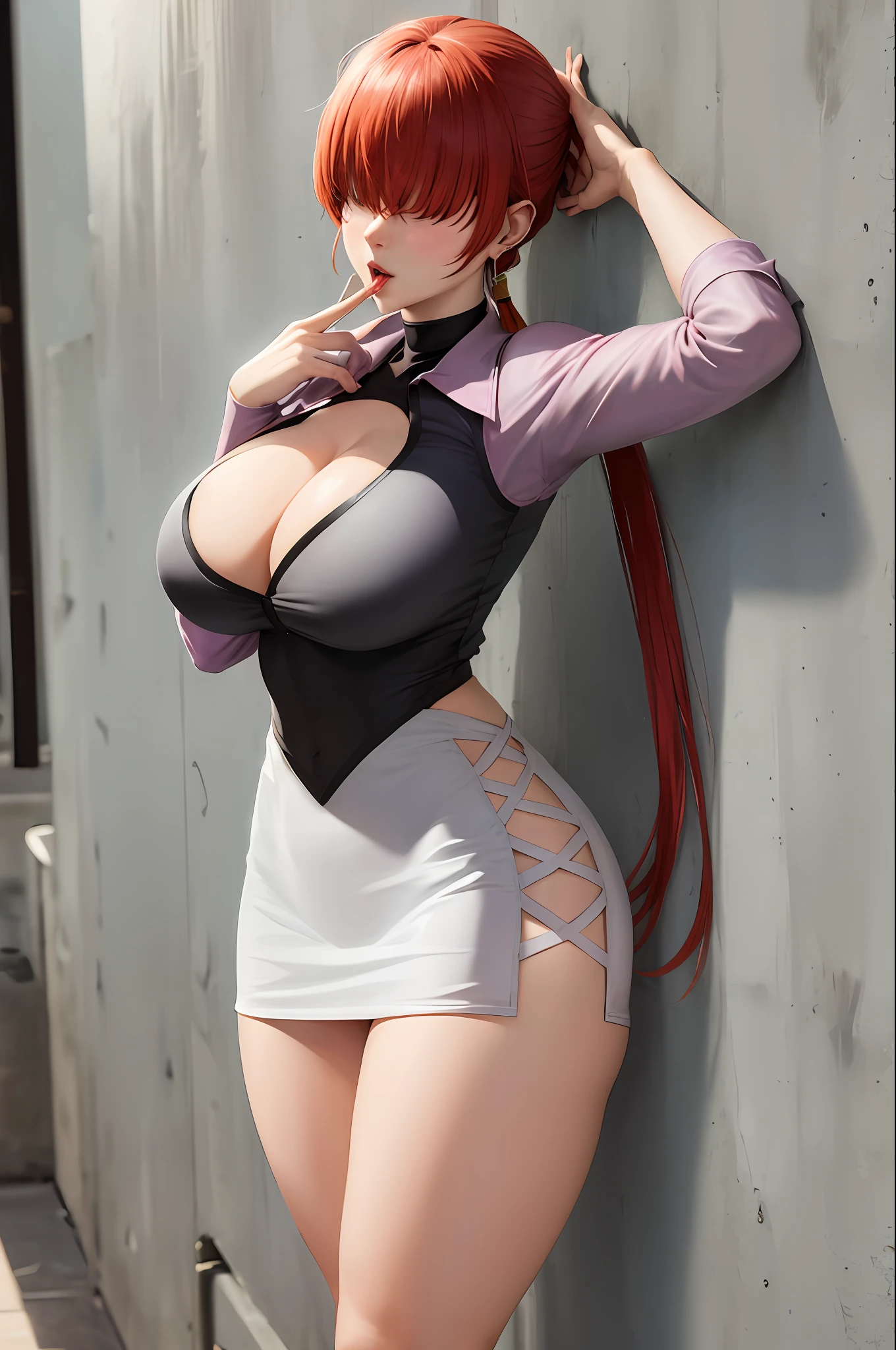 masterpiece, best quality, highres, she1, (hair over eyes:1.1), split ponytail, clothing cutout, earrings, jewelry, miniskirt, white skirt, black dress, earrings, jewelry, pink jacket, cowboy shot, wide hips, big breasts, (lipstick:0.8), lips,thicc thighs, realistic art, from side, open mouth, one leg up, against wall, leaning on wall