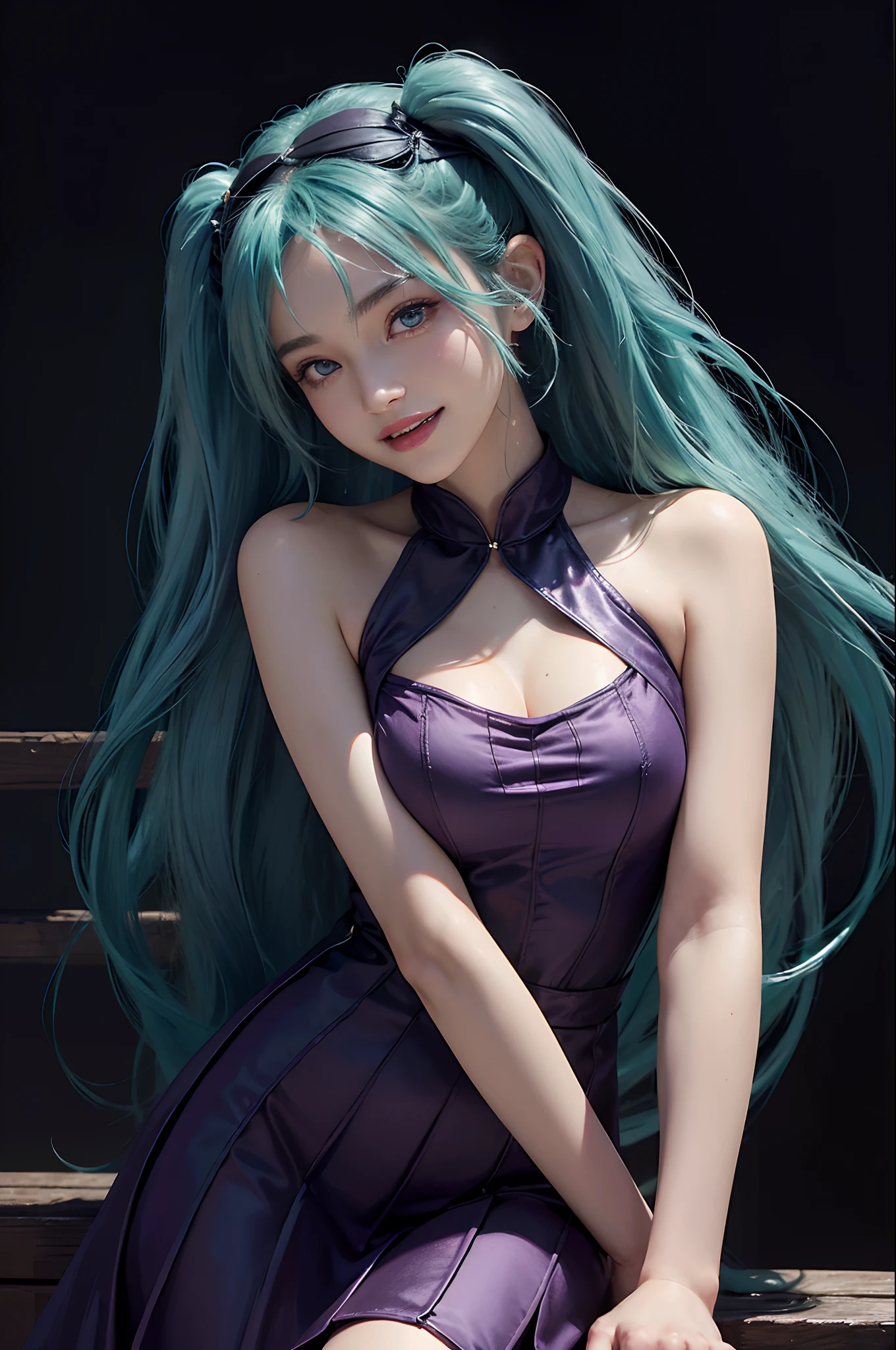 1girl, beautiful, blue eyes, purple hair, aqua dress