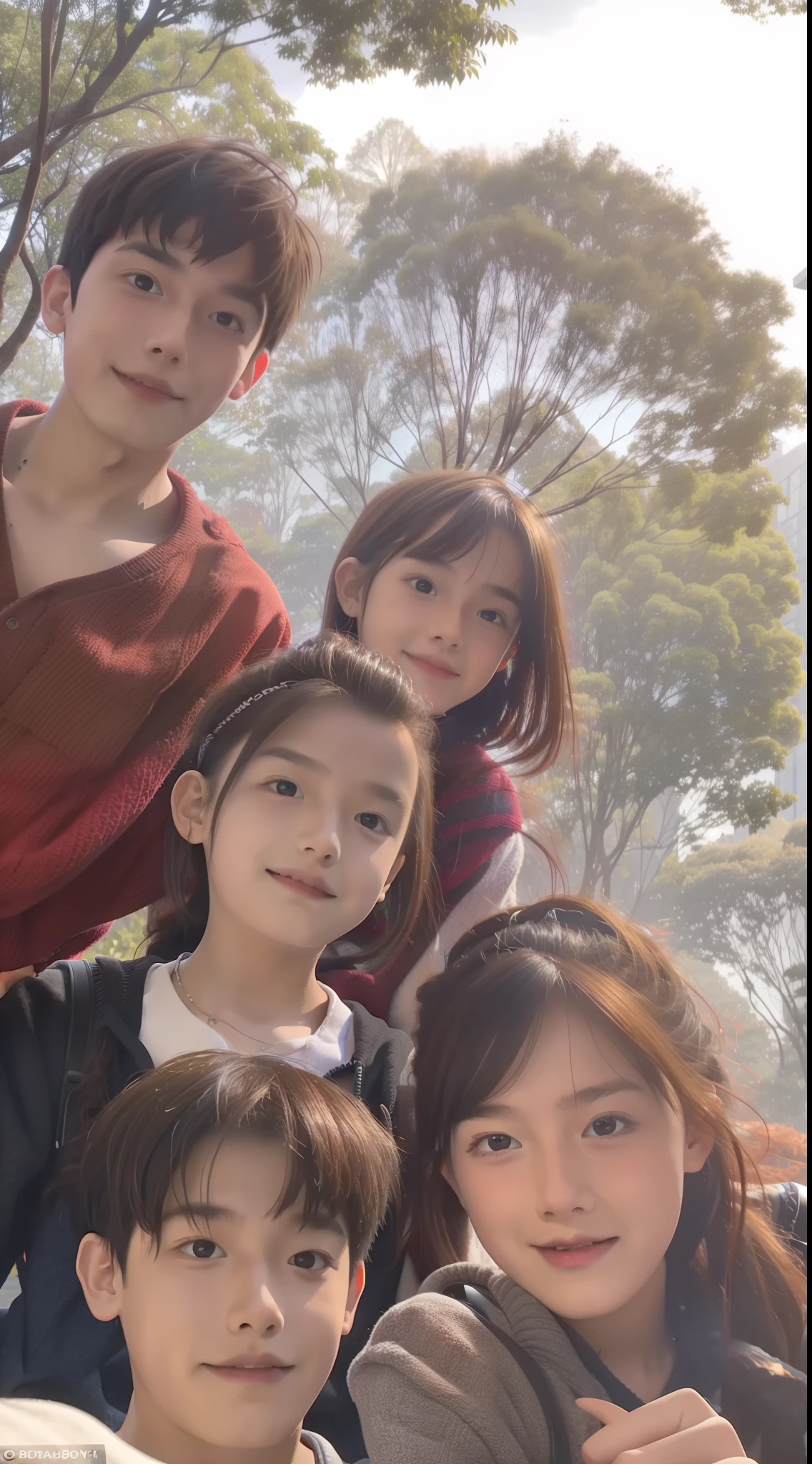 Two teenagers, Non-adults, A boy and a girl, Happy girl and very sad boy, One of them climbed a tree，Surrounded by picnics and snacks