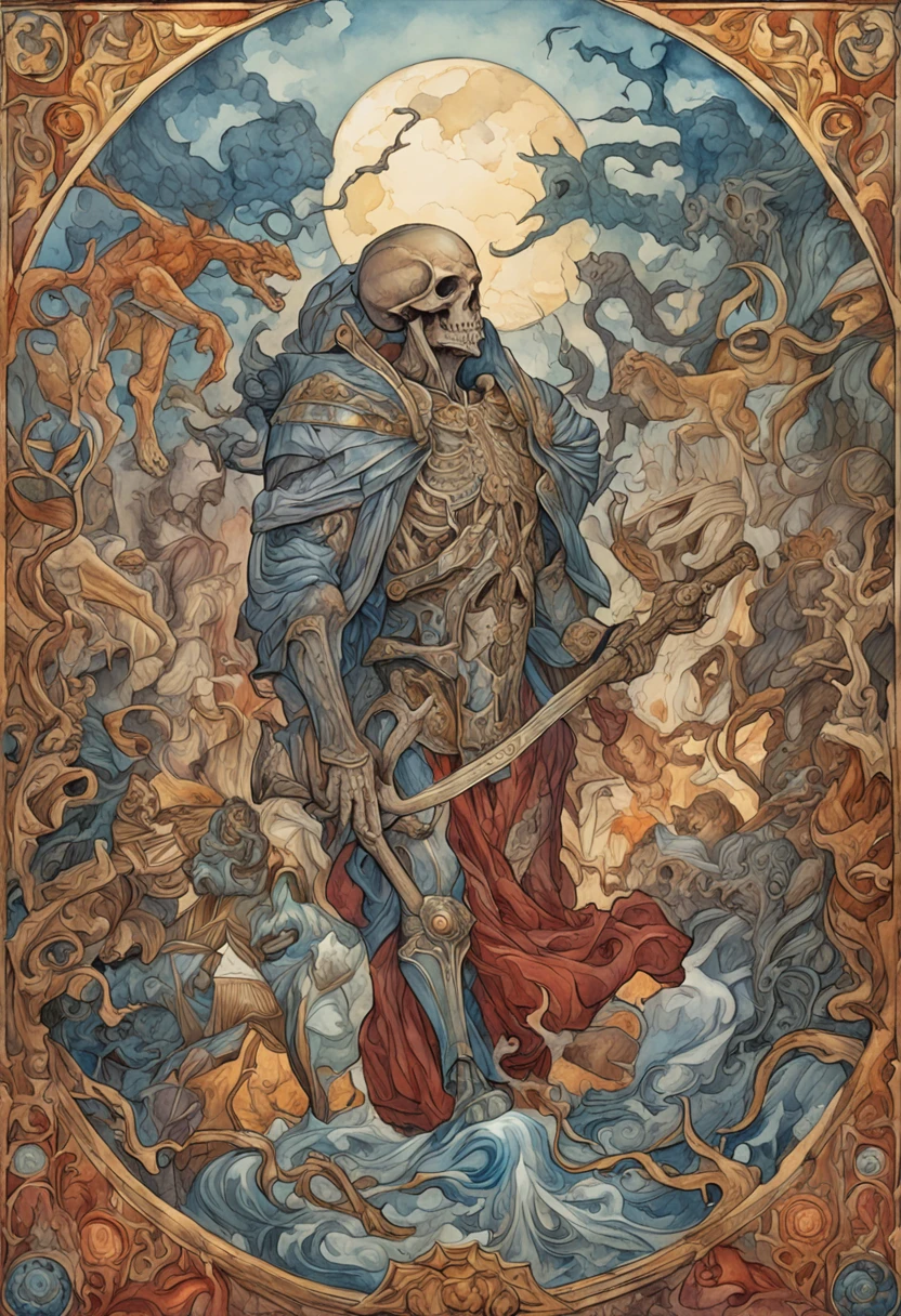 Drawing inspiration from modern masters like Range Murata,Yoshitaka Amano, Death suspended everywhere in the sky., soft ambient lighting, vibrant colors,meticulous detailing